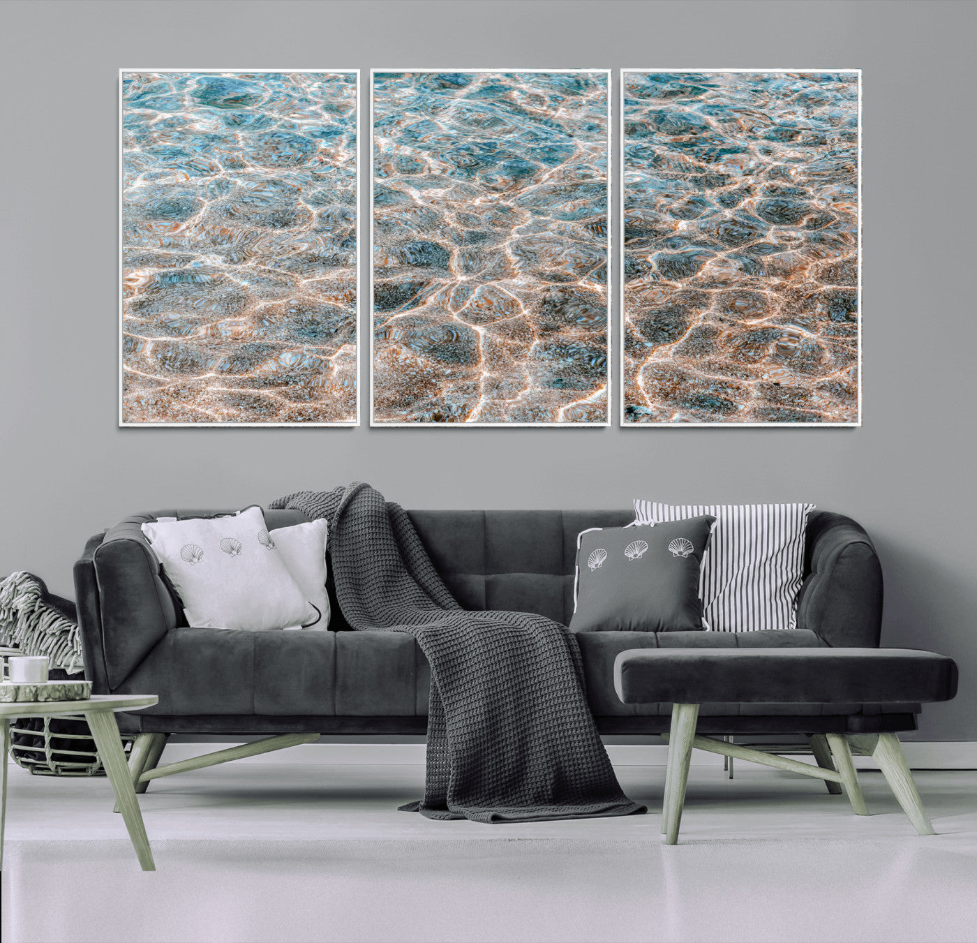 Close-up of sunlit ocean ripples with aqua blue and golden tones, ideal for modern coastal or minimalist home decor.