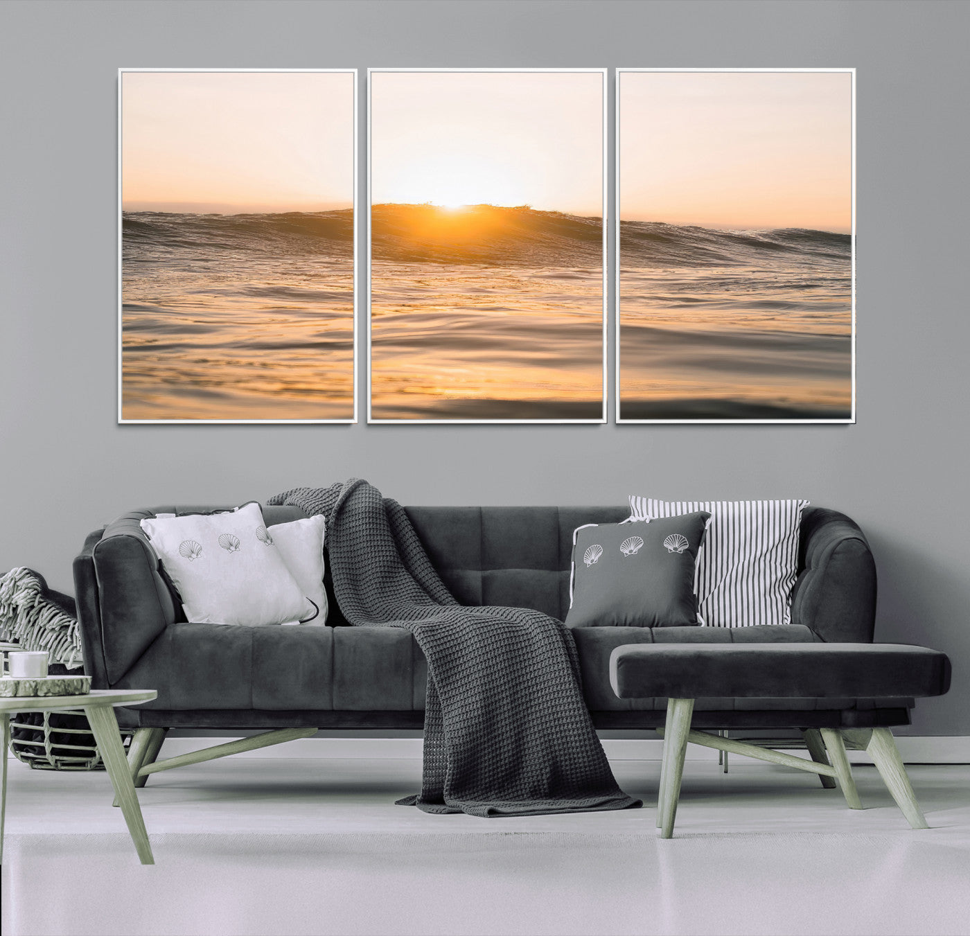 Ocean waves glowing under a warm golden sunset, reflecting soft light and calm movement, perfect for warm minimalist coastal interiors.