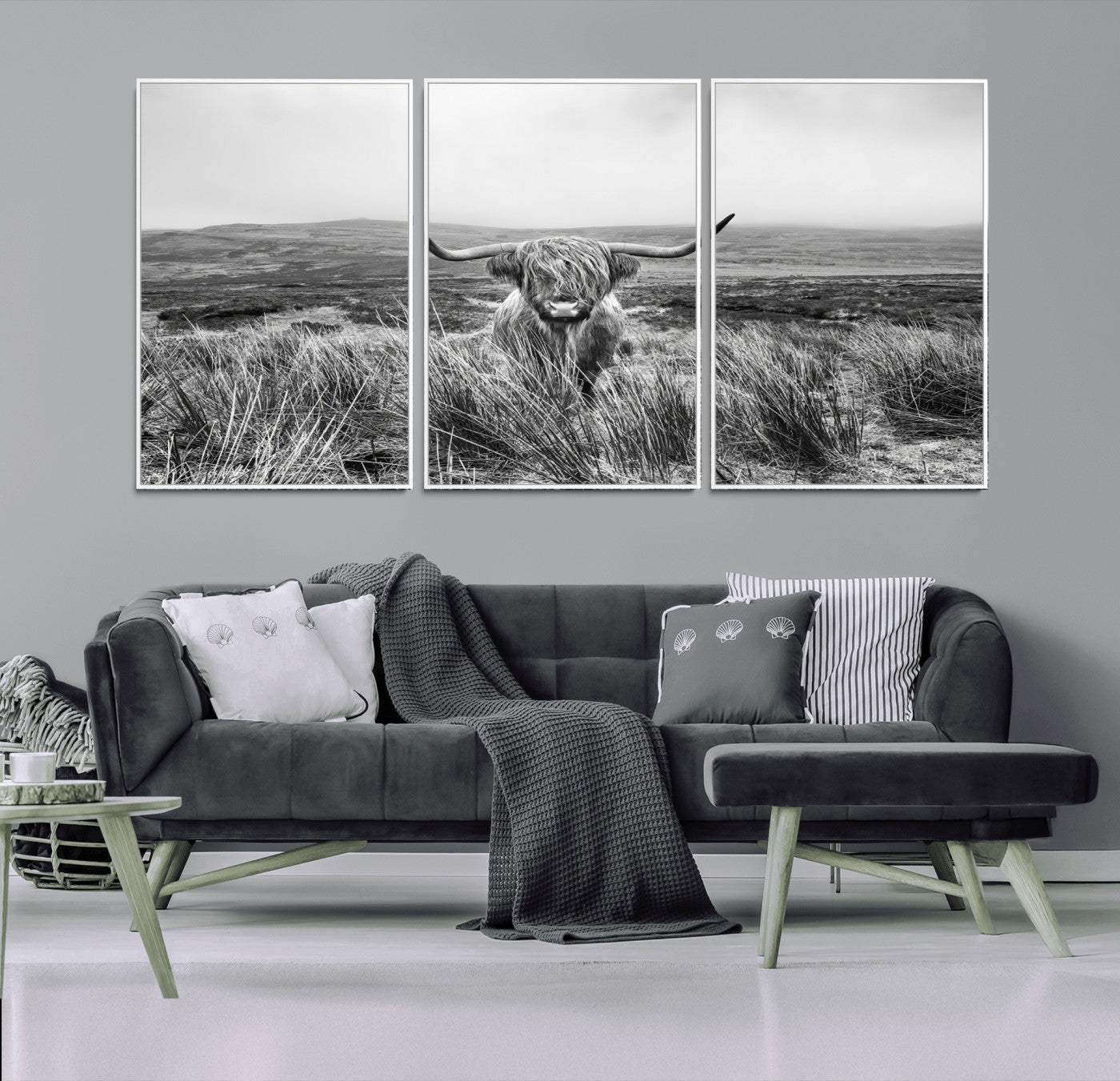 A black and white portrait of a Highland cow in a foggy Scottish countryside, capturing a rustic aesthetic and tranquil farm escape.