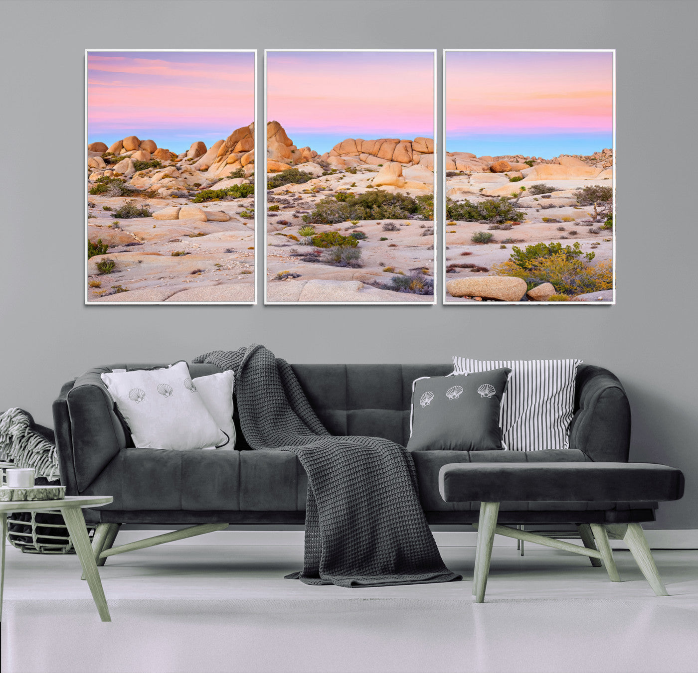 A breathtaking desert landscape featuring rugged rock formations under a vibrant pastel sunset sky, capturing the warmth and serenity of a Southwestern wilderness.
