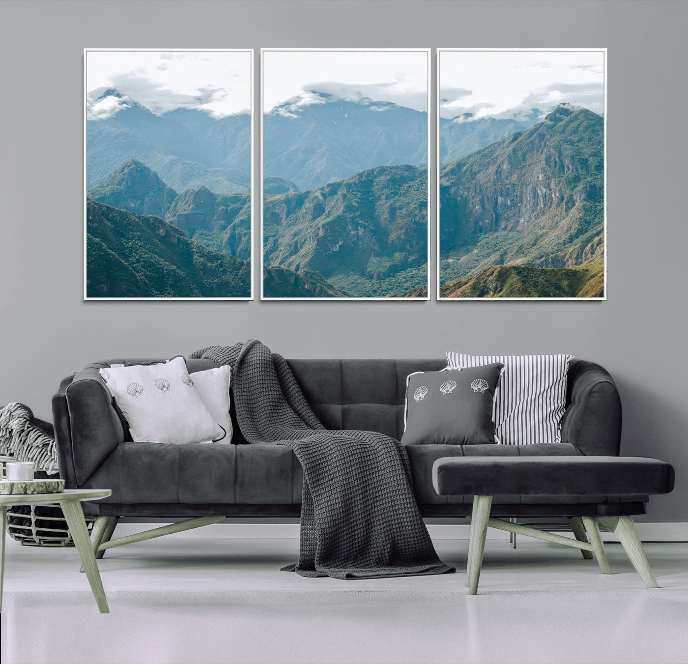 A misty mountain landscape with cloud-covered Andean peaks and lush green valleys, creating a dramatic and serene view, perfect for rustic or nature-inspired home decor.