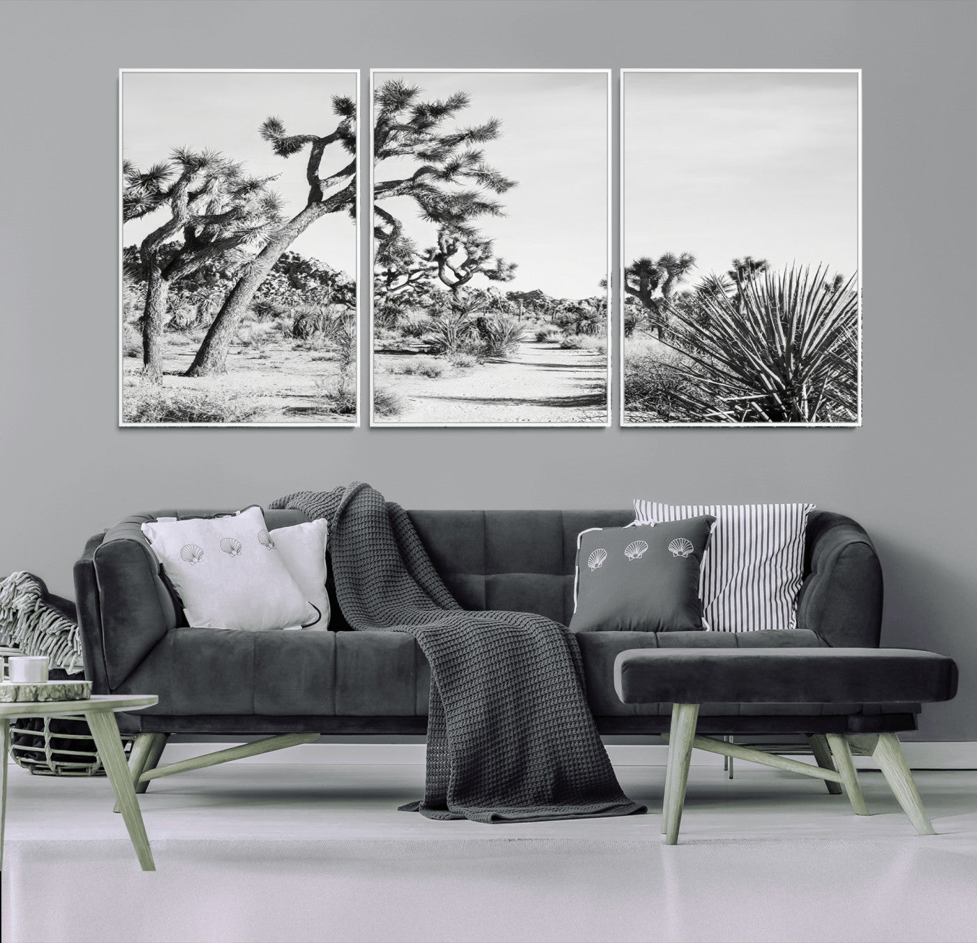 Canvas of a Joshua Tree forest in black and white tones, featuring a desert path and spiky vegetation, ideal for minimalist or rustic decor.
