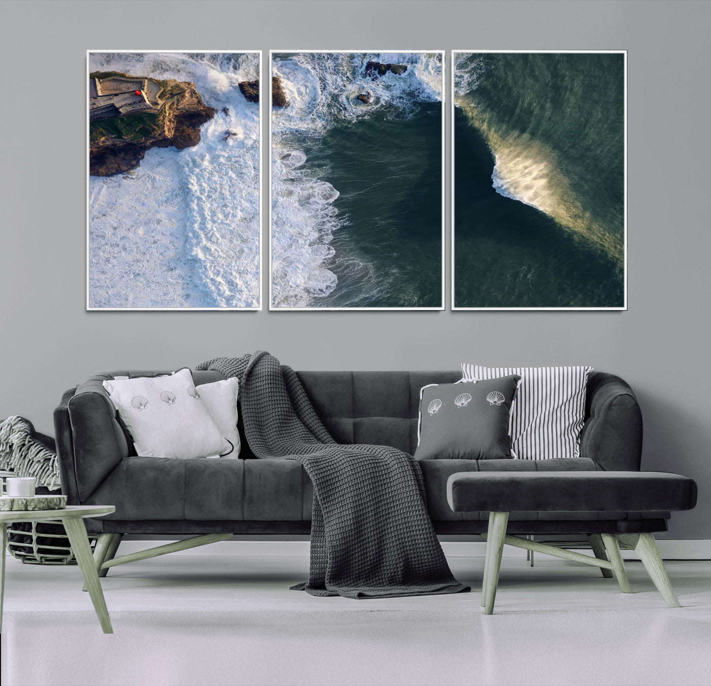 Canvas showing an aerial view of crashing waves along the Nazaré coastline, perfect for dramatic coastal or ocean-themed home decor.