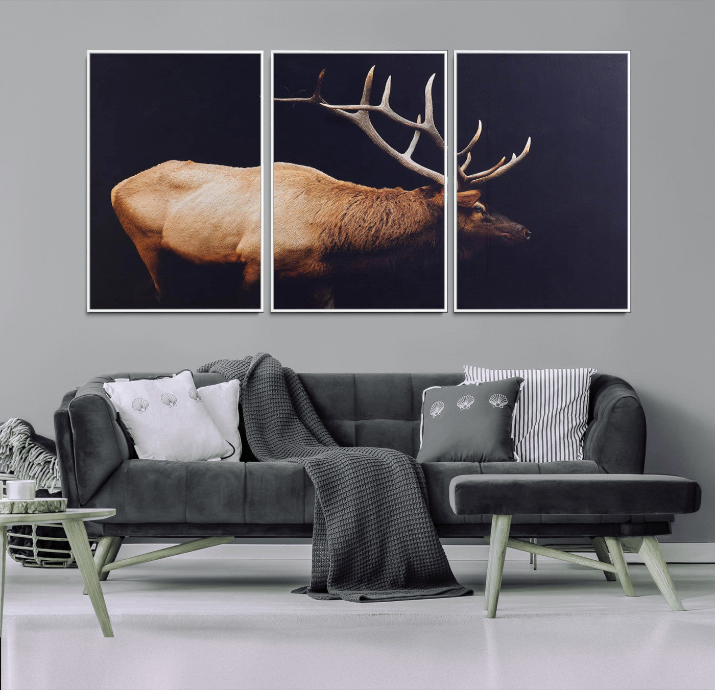 Side profile of an elk with large antlers on dark background, creating a bold rustic statement for cabin or Western-themed decor.
