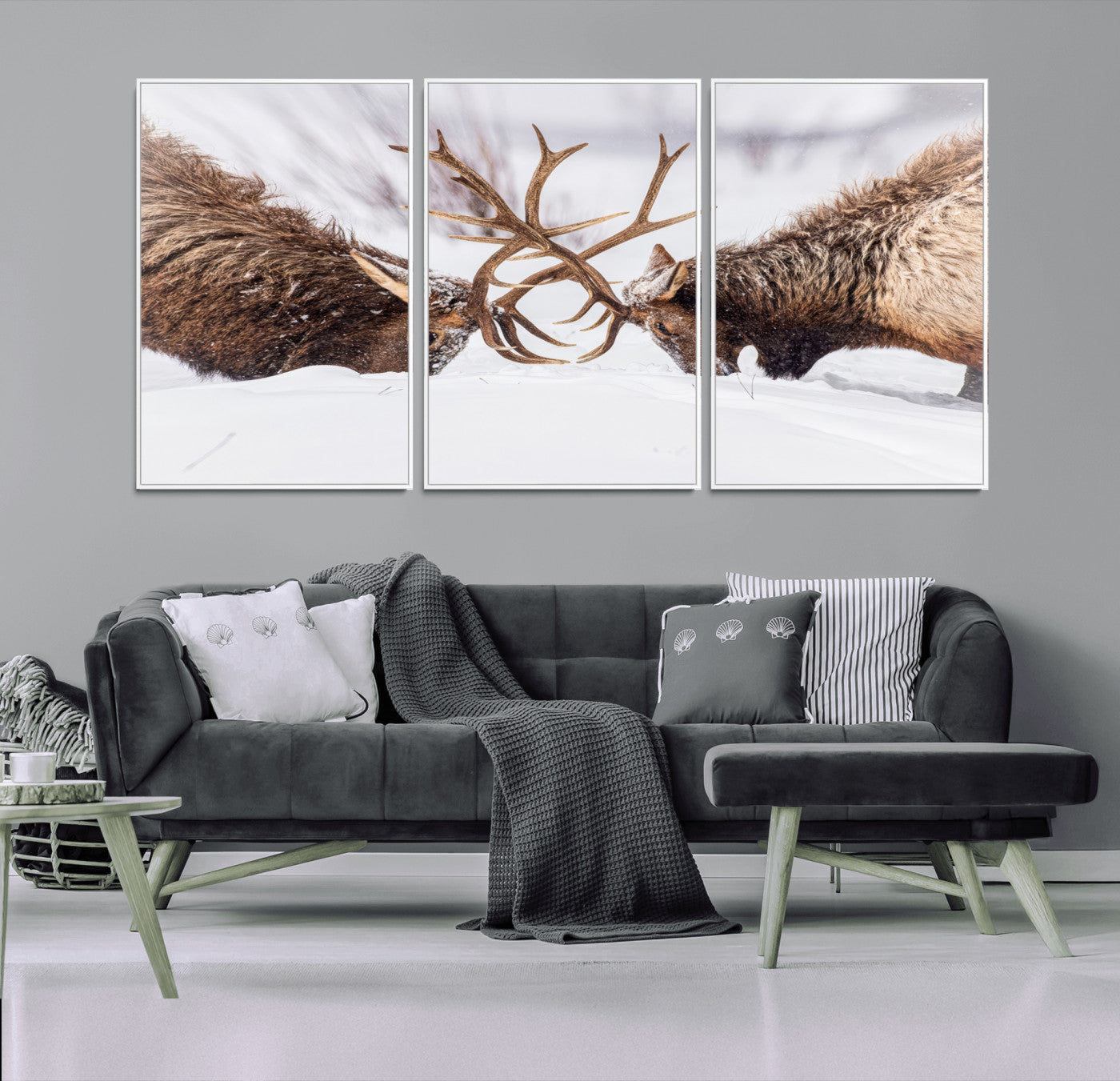 Two elk clashing antlers in a snowy forest, capturing raw power and wild energy, ideal for rustic cabin or lodge-style decor.