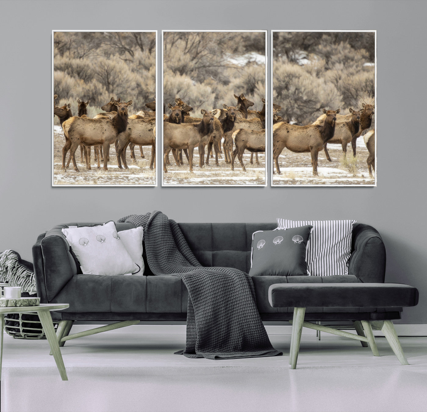 A large herd of elk standing in an open field with soft earthy tones, ideal for rustic lodge or western-themed home wall decor.