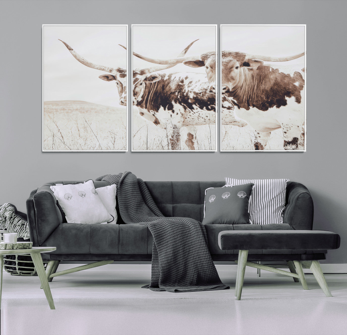 Two longhorn cows standing in a sepia-toned pasture with soft light, ideal for rustic or farmhouse-themed neutral wall decor.