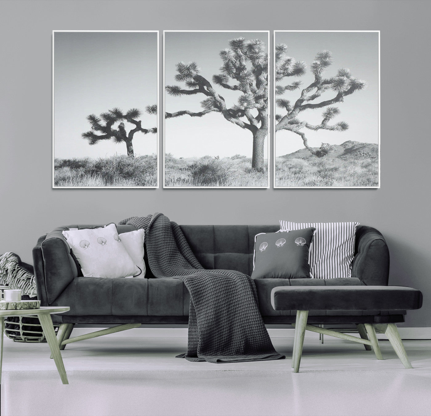 Black and white Joshua tree in a desert landscape with soft light and dry brush, perfect for rustic or minimalist home decor.