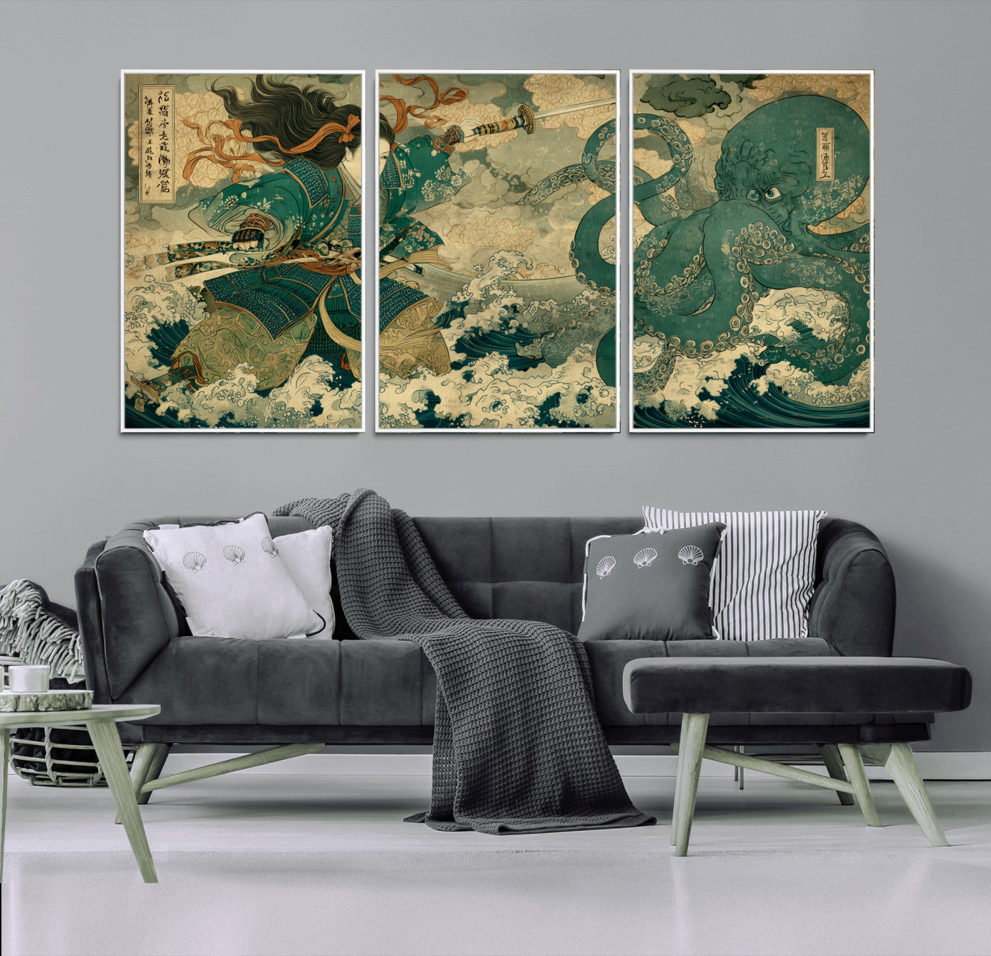 Tsukioka Yoshitoshi Samurai Wall Art Print, Japanese Katana Warrior Canvas Wall Art, Octopus Sea Monster Canvas Print,