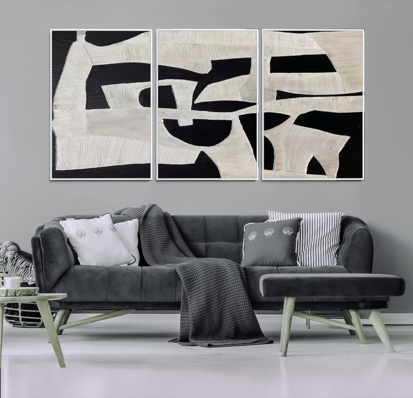 Minimalist black and white canvas featuring bold abstract textures and geometric shapes, ideal for modern neutral decor.