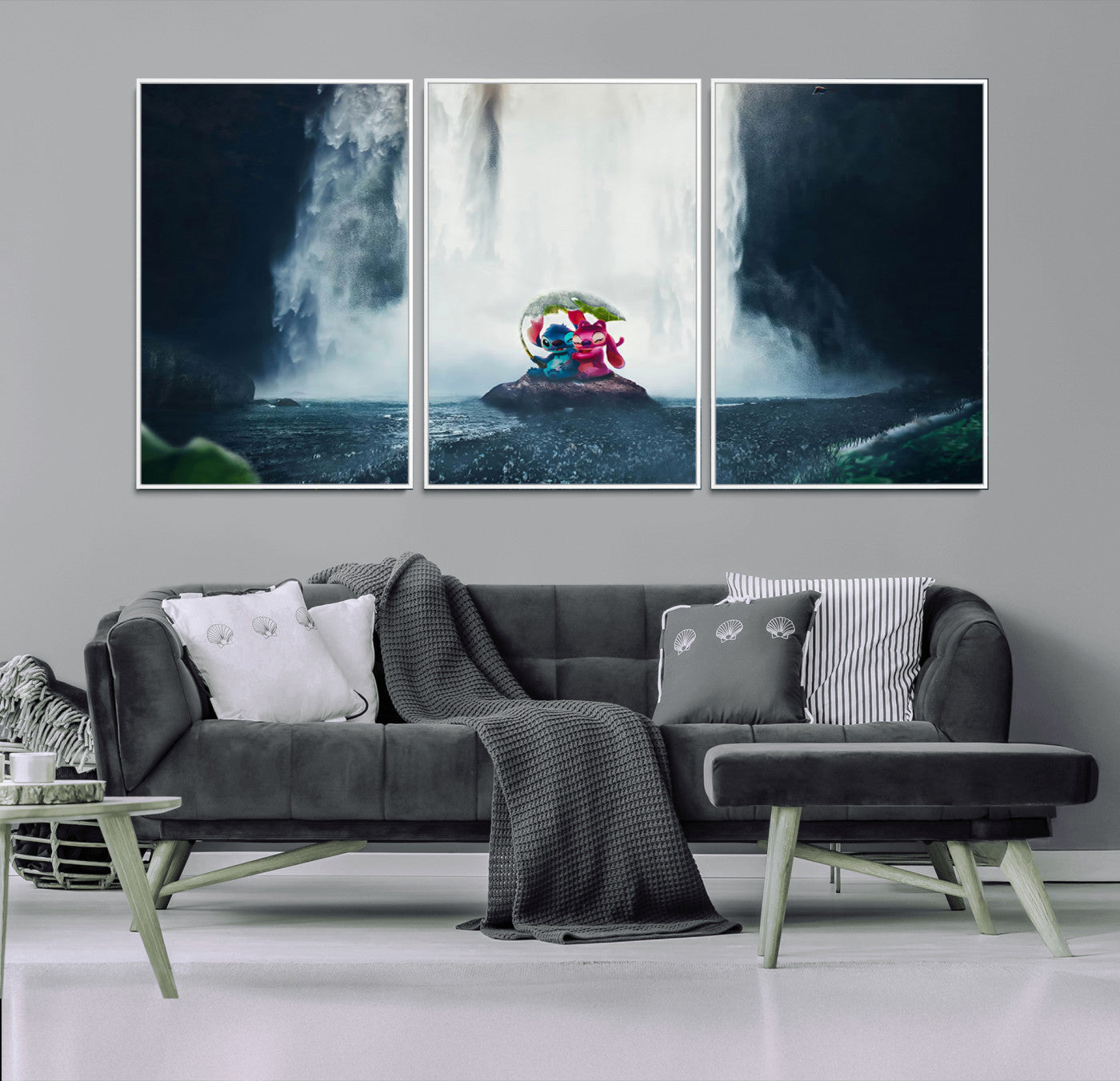 Fantasy canvas of Stitch and Angel under a leaf umbrella in front of a dramatic waterfall, perfect for moody jungle-themed or animated decor.