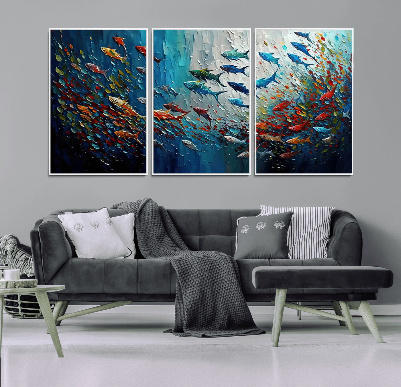 Colorful painting of fish swimming in abstract ocean swirls, perfect for vibrant marine-themed or expressive coastal home decor.