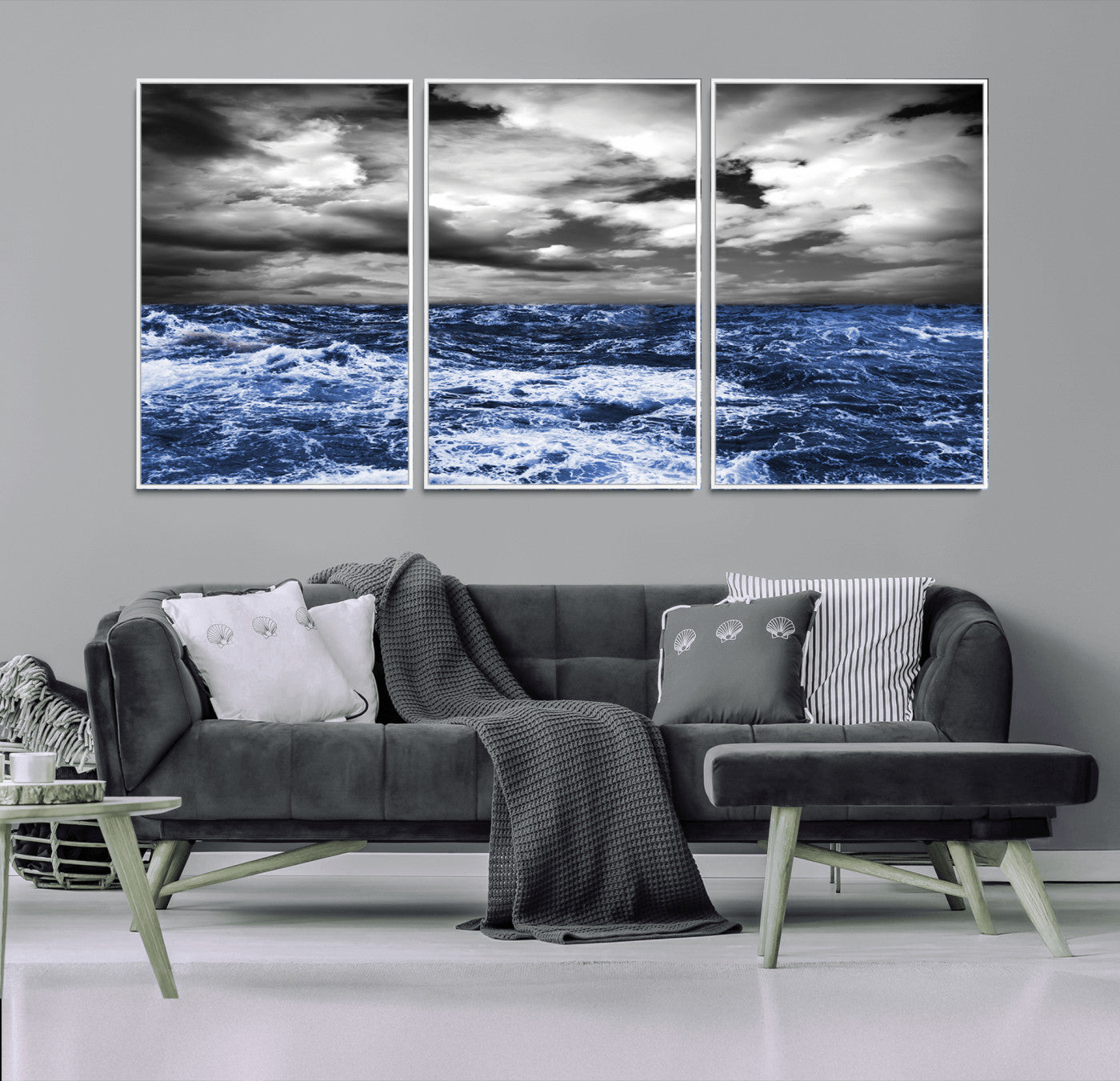 Moody canvas wall art of a stormy ocean under a dramatic black-and-white sky, perfect for bold or coastal-style interiors.