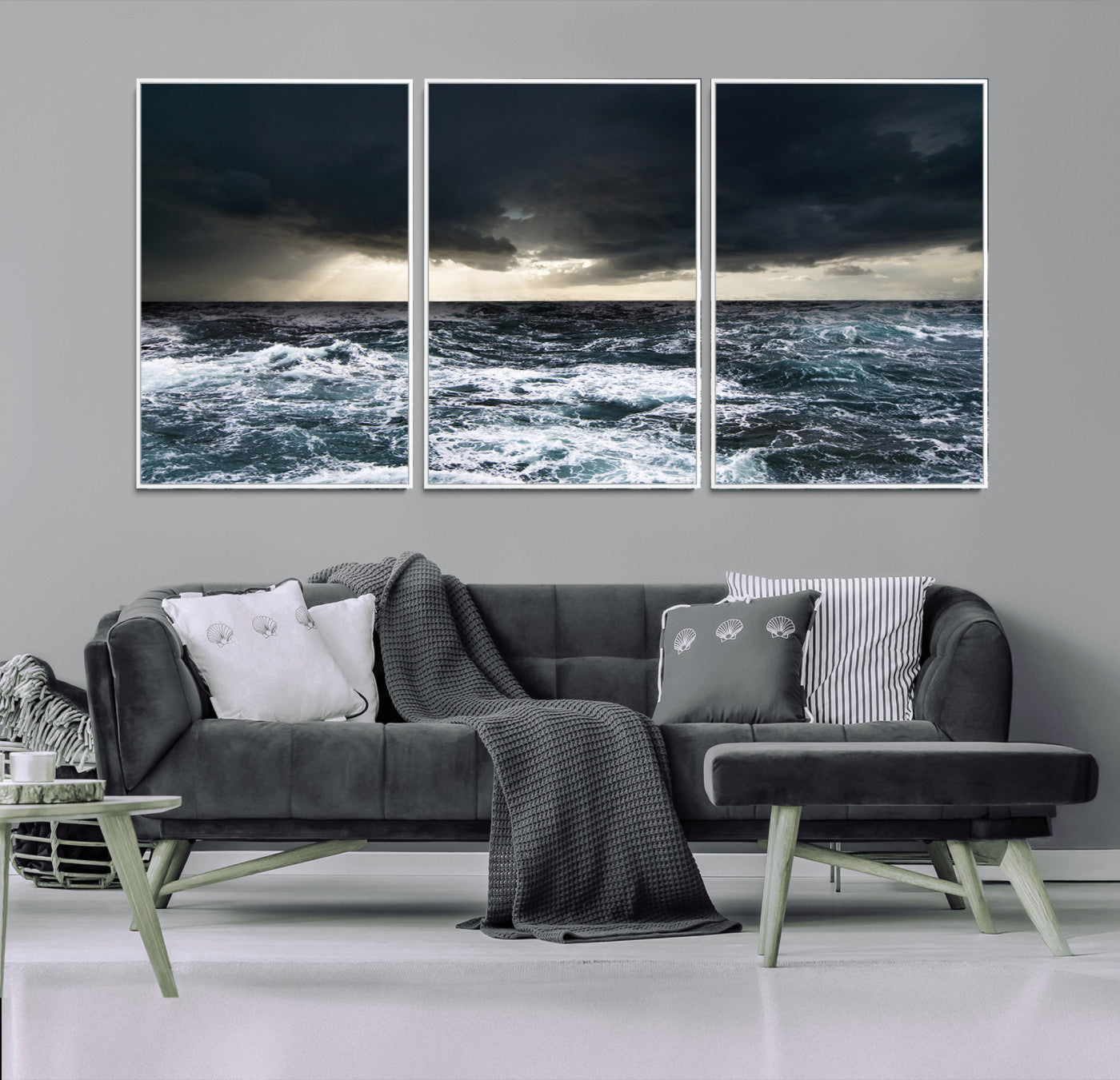 Moody ocean scene with stormy skies and crashing waves, perfect for dramatic or coastal-style home wall decor.