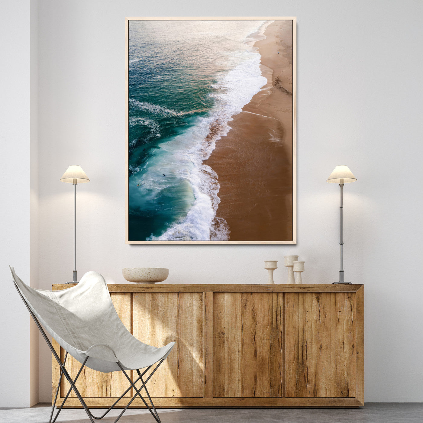 Canvas of a dreamy aerial beach scene with turquoise waves and soft sunset tones, ideal for modern coastal or minimalist home decor.
