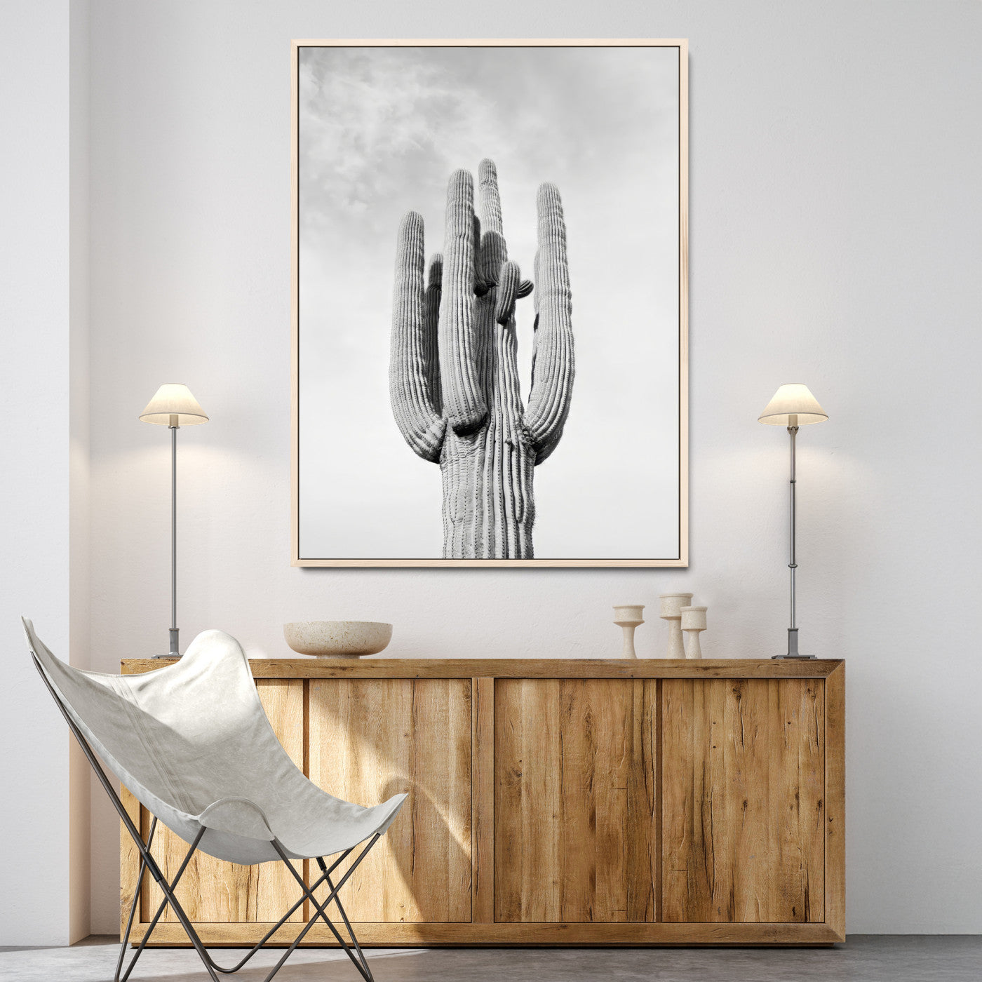 Canvas of a tall saguaro cactus in black and white with moody tones, perfect for southwestern minimalist or modern desert-themed home decor.