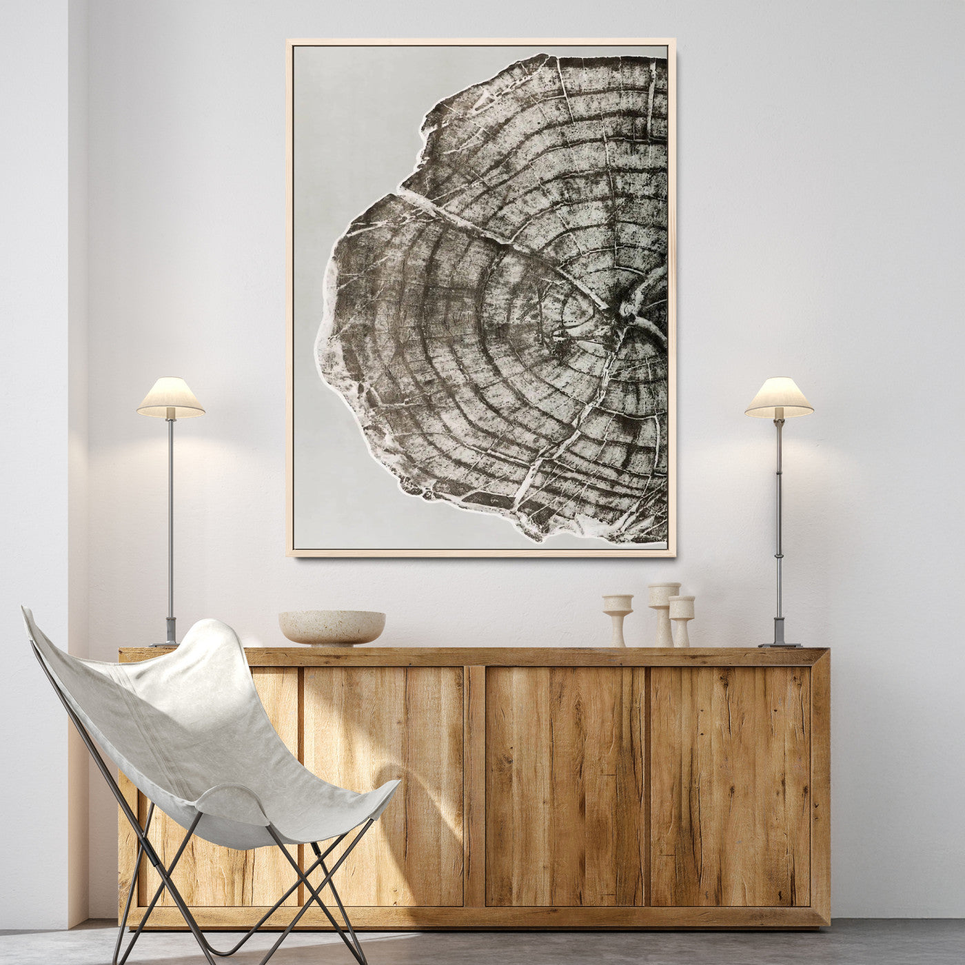 A close-up tree ring cross-section with neutral tones and organic texture, perfect for rustic, modern, or minimalist interior wall decor.