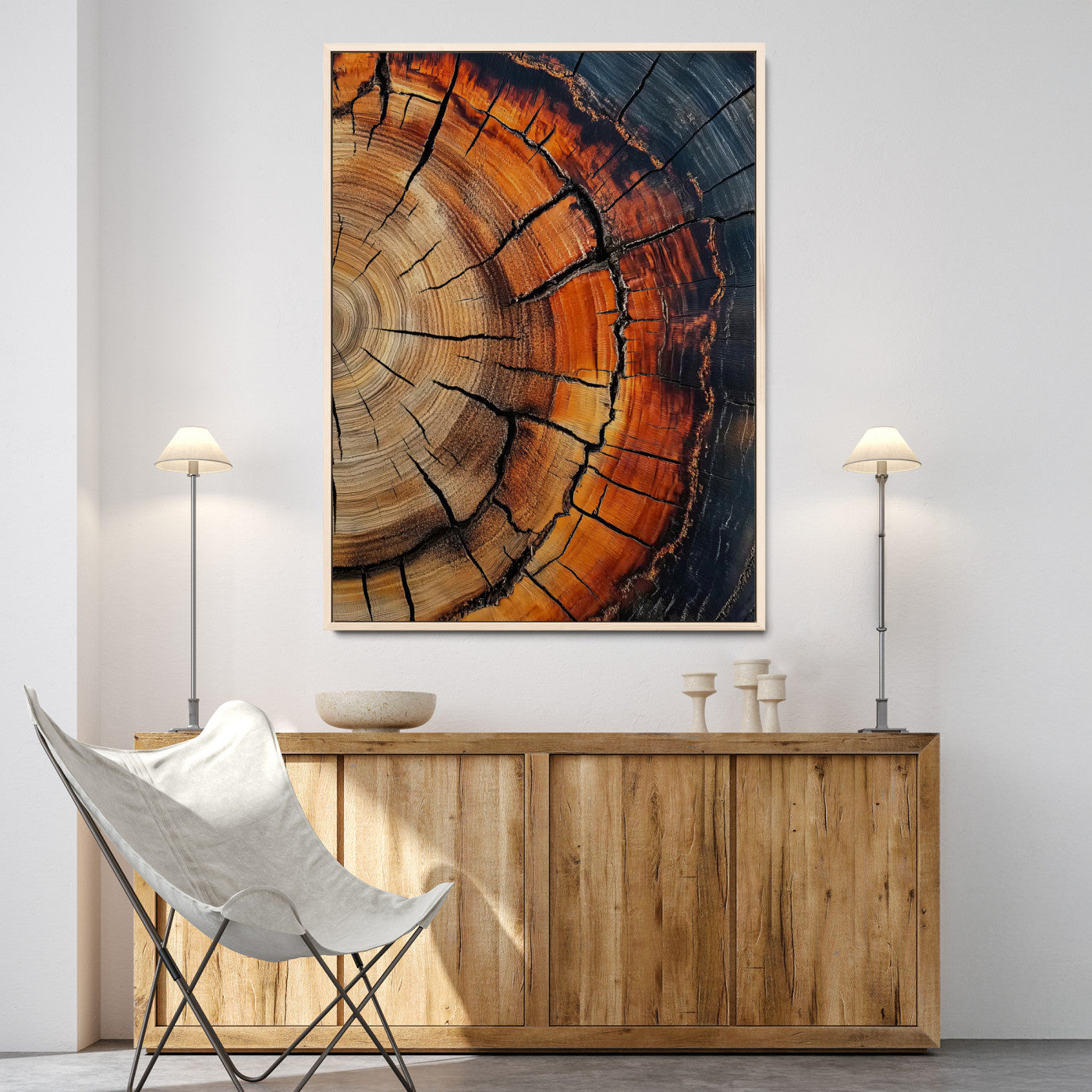 Close-up of tree rings with deep cracks and rich brown tones, highlighting natural texture and organic patterns, perfect for rustic wall art.
