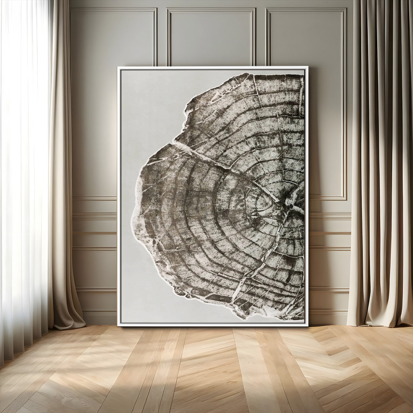 A close-up tree ring cross-section with neutral tones and organic texture, perfect for rustic, modern, or minimalist interior wall decor.