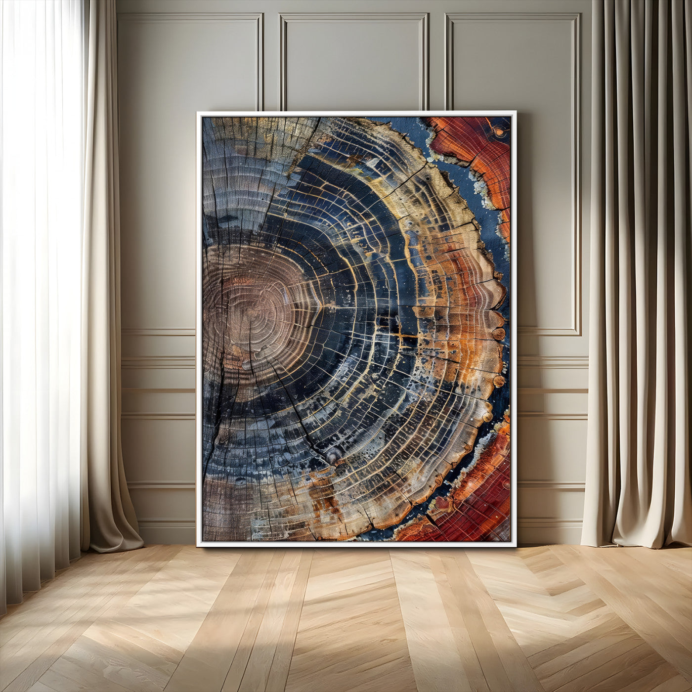 Detailed tree ring cross-section with rich earth tones and wood texture, ideal for rustic, cabin, or nature-inspired interior wall decor.