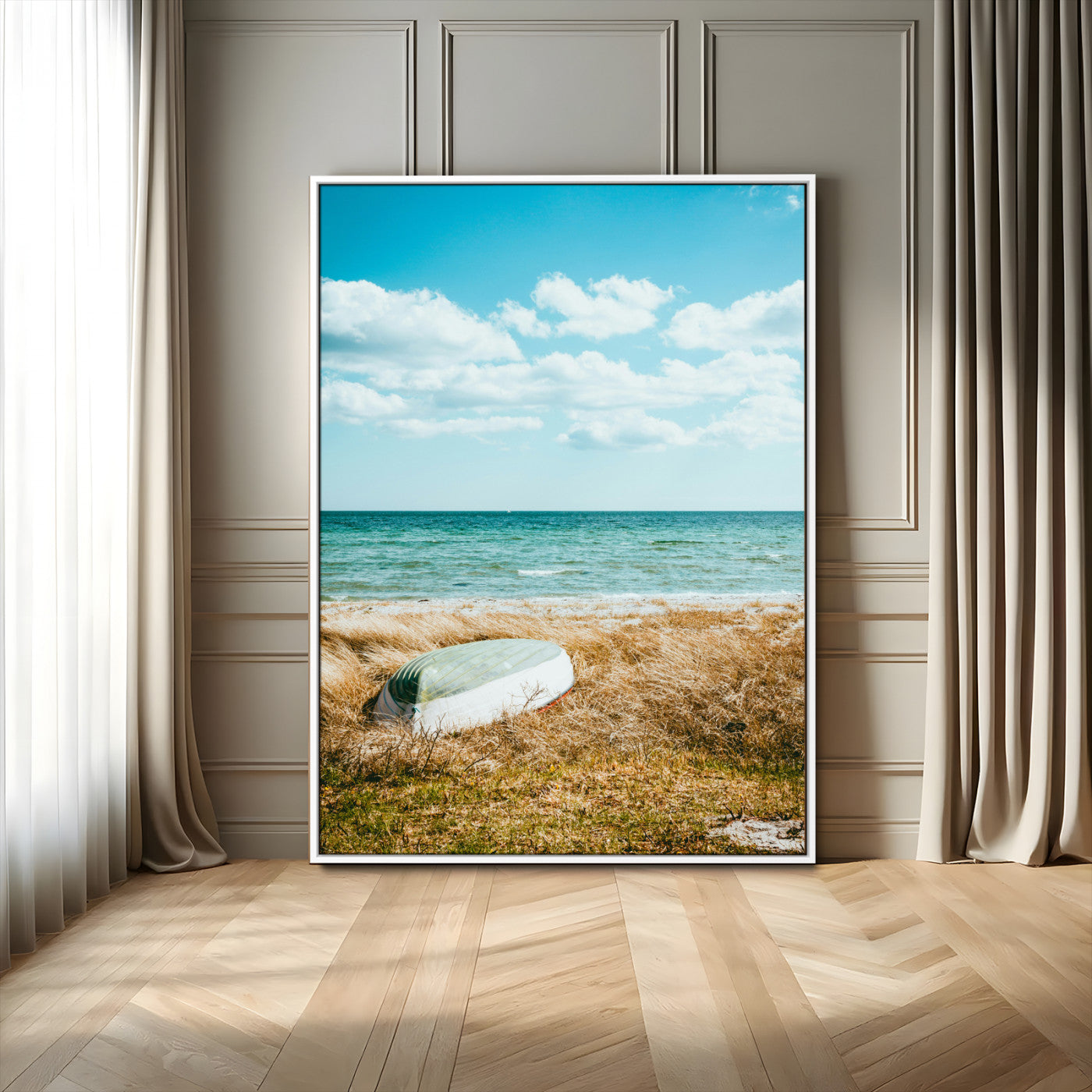 A small boat resting on a grassy shore with ocean waves and a bright blue sky, creating a peaceful coastal atmosphere.