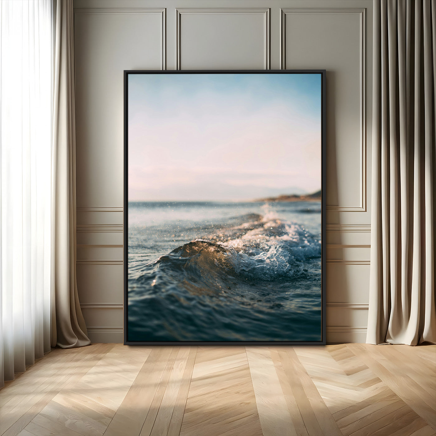 Close-up of ocean waves rolling gently toward the shore at sunset, creating a peaceful and minimalist coastal scene.
