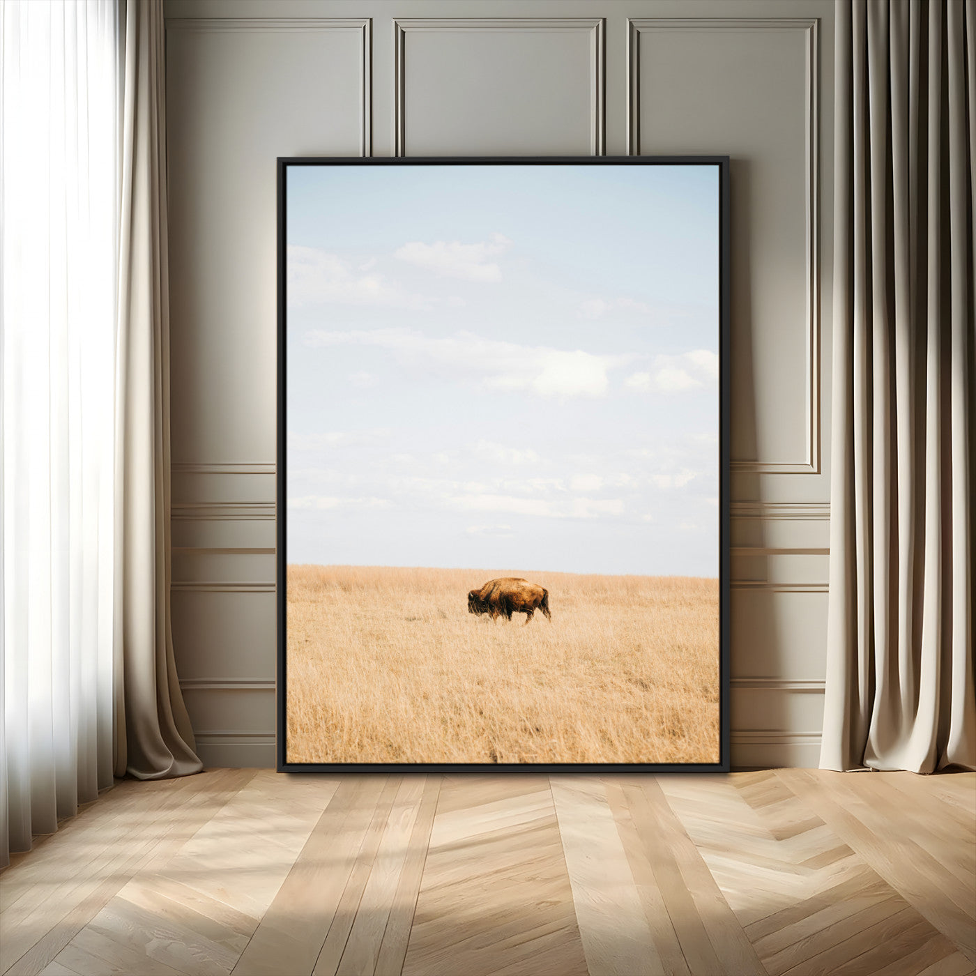 Minimalist Nature Wall Art Canvas Print, Framed Bison In Grassland Art Picture Print, Open Field Perfect Modern Ranch Decor Decor Artwork