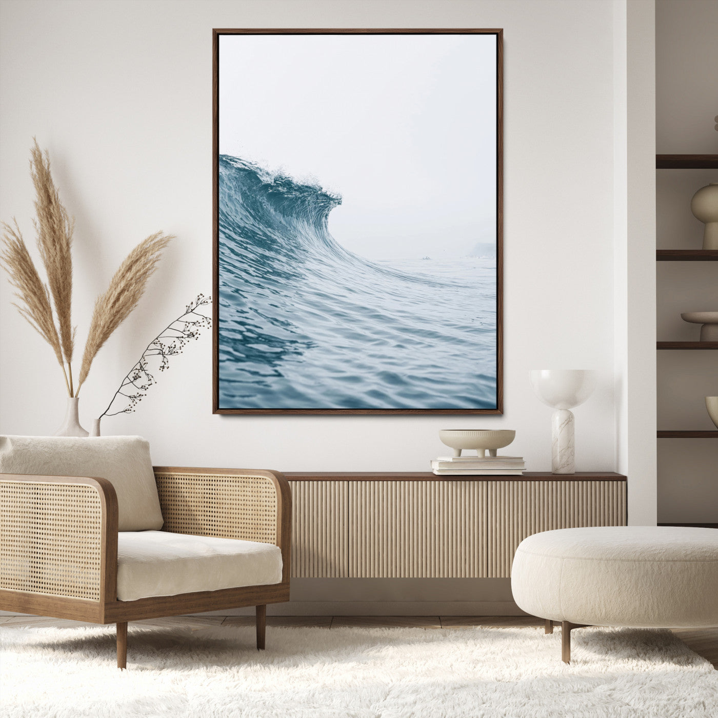 A single ocean wave curling in soft blue tones under a misty sky, ideal for coastal or minimalist home wall decor.