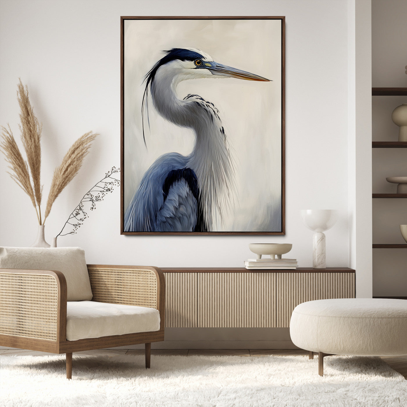 Elegant blue heron in profile with soft brush detail and neutral tones, ideal for nature-themed or coastal minimalist interiors.