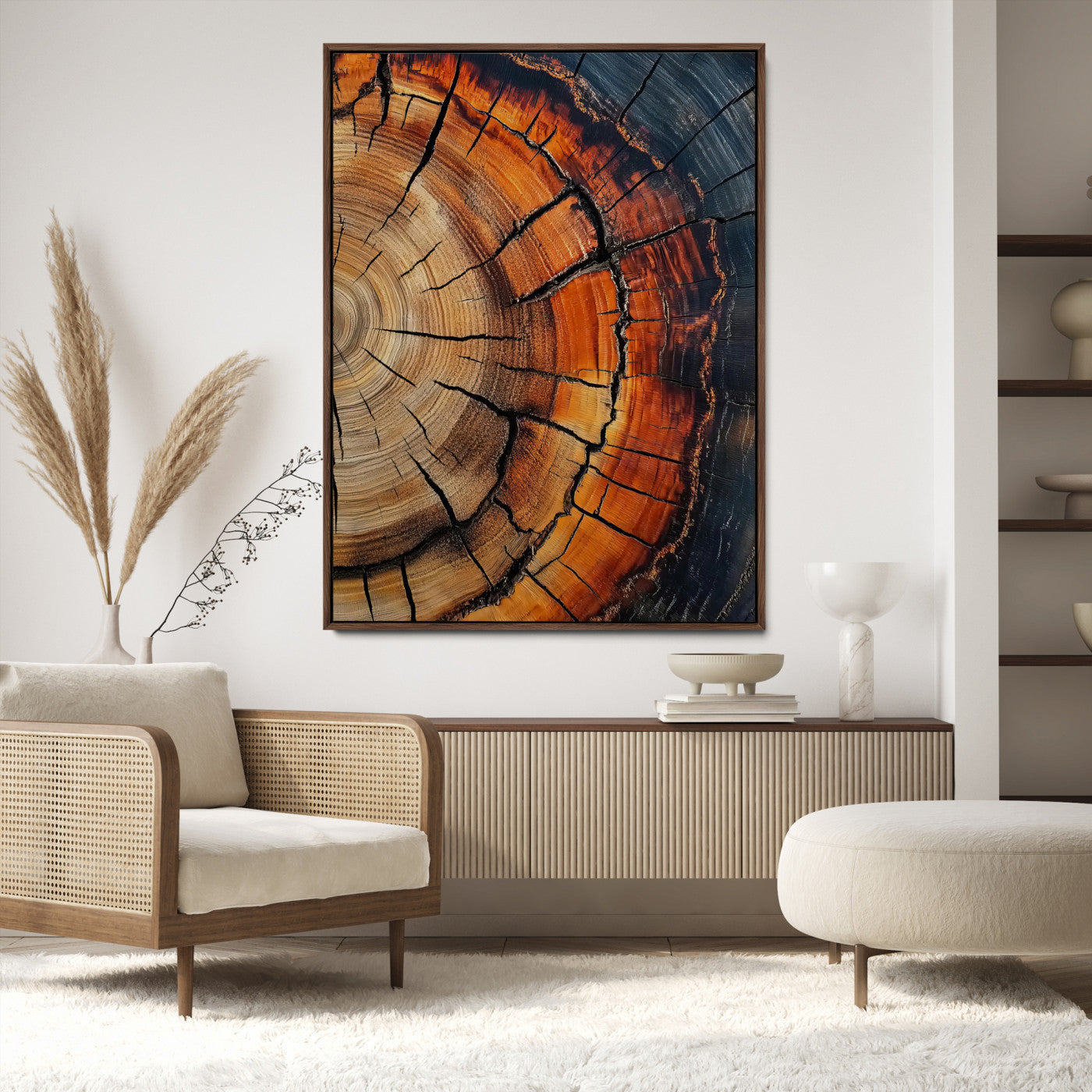 Close-up of tree rings with deep cracks and rich brown tones, highlighting natural texture and organic patterns, perfect for rustic wall art.