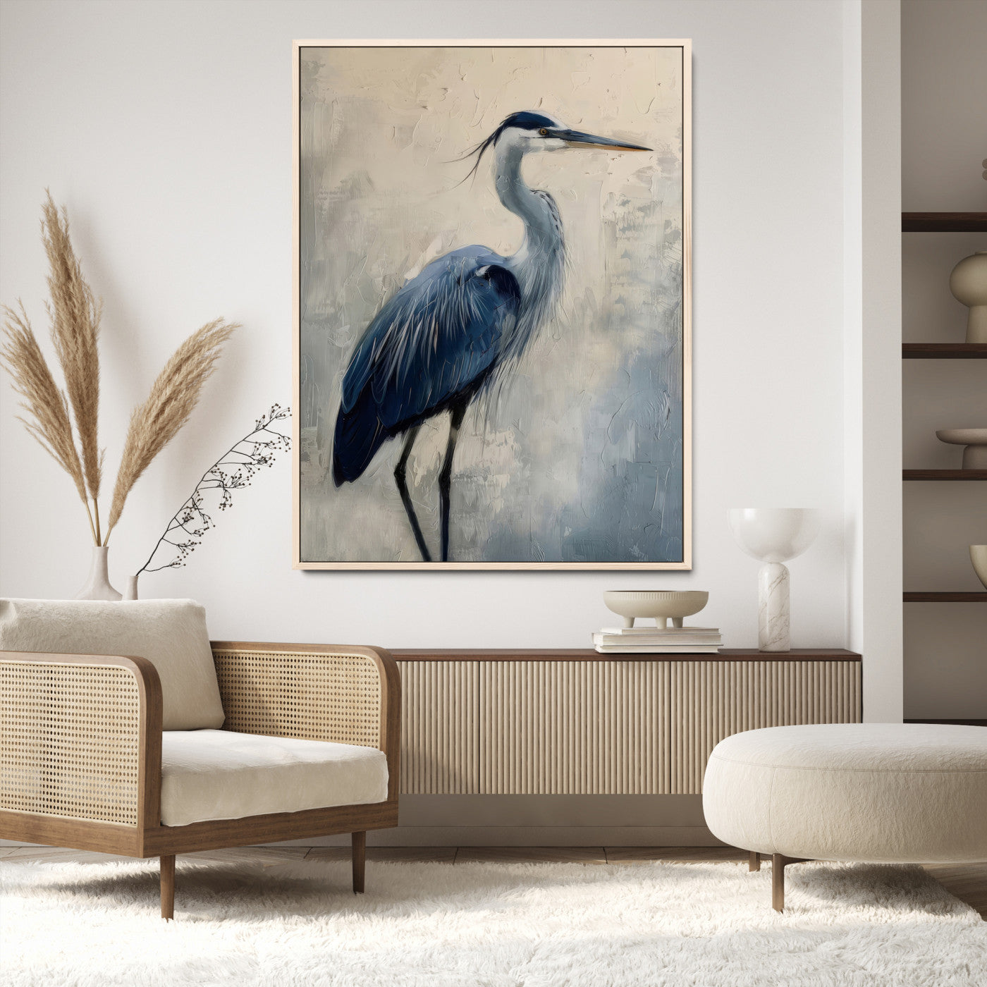 Blue heron standing gracefully on one leg, painted in soft neutrals and cool tones, perfect for modern coastal or nature-inspired decor.