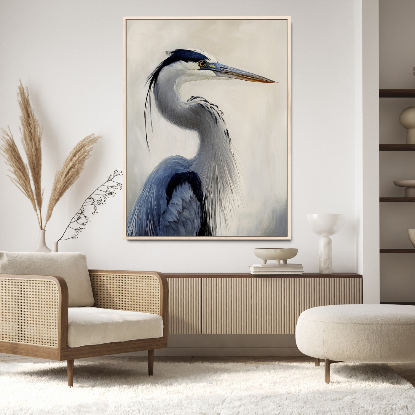 Elegant blue heron in profile with soft brush detail and neutral tones, ideal for nature-themed or coastal minimalist interiors.