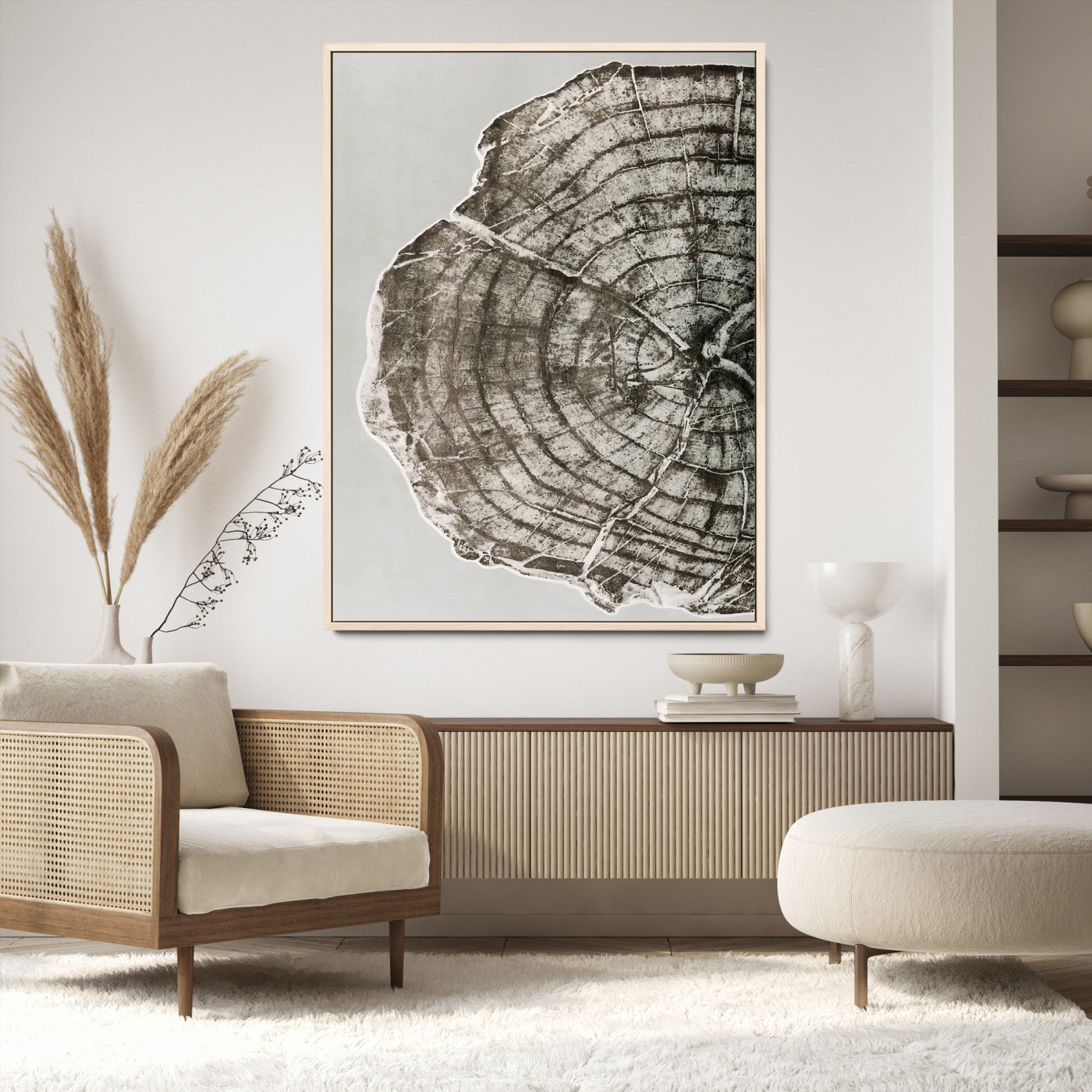 A close-up tree ring cross-section with neutral tones and organic texture, perfect for rustic, modern, or minimalist interior wall decor.