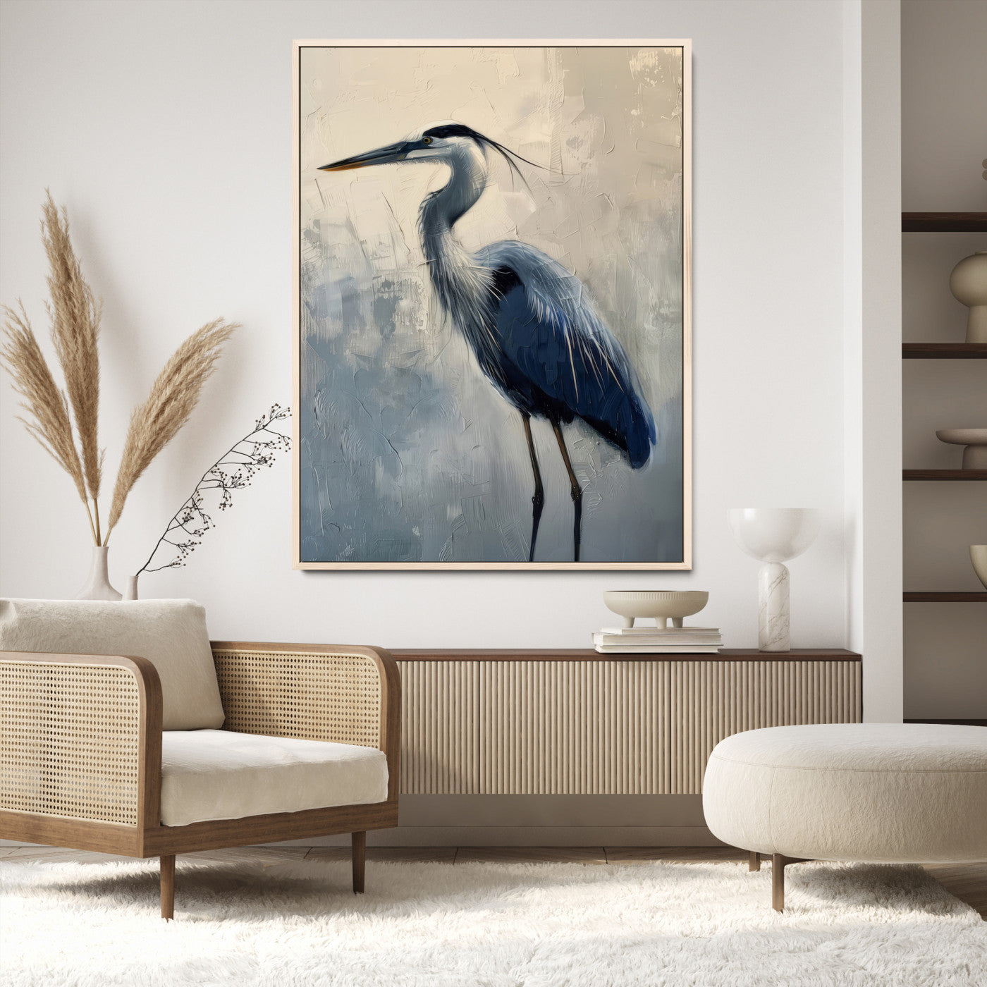 Elegant heron bird standing tall with soft brushstroke texture and muted tones, perfect for coastal or nature-themed home decor.