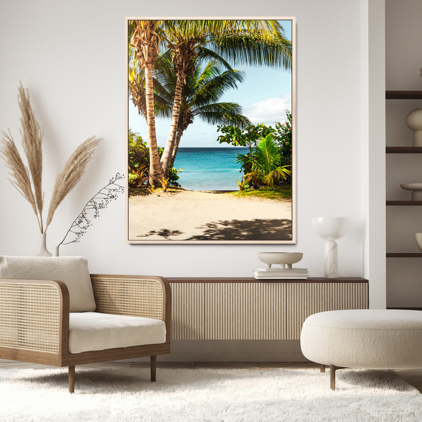 Tropical beach with palm trees, blue ocean, and clear sky, perfect for coastal or beach-themed wall decor in sunny living spaces.