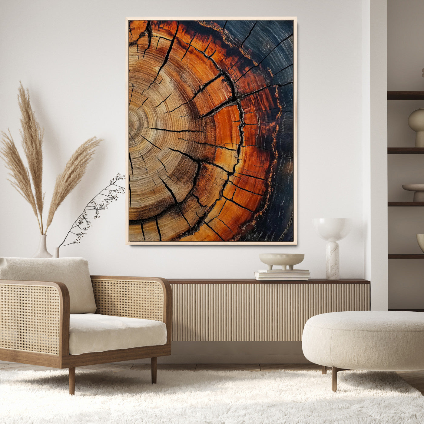 Close-up of tree rings with deep cracks and rich brown tones, highlighting natural texture and organic patterns, perfect for rustic wall art.