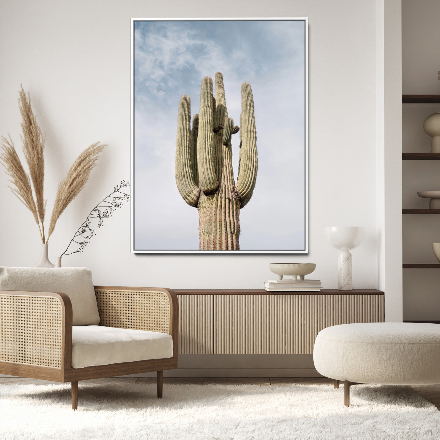Vertical photo of a tall saguaro cactus against a soft sky, ideal for earthy or Southwestern home decor with warm neutral tones.