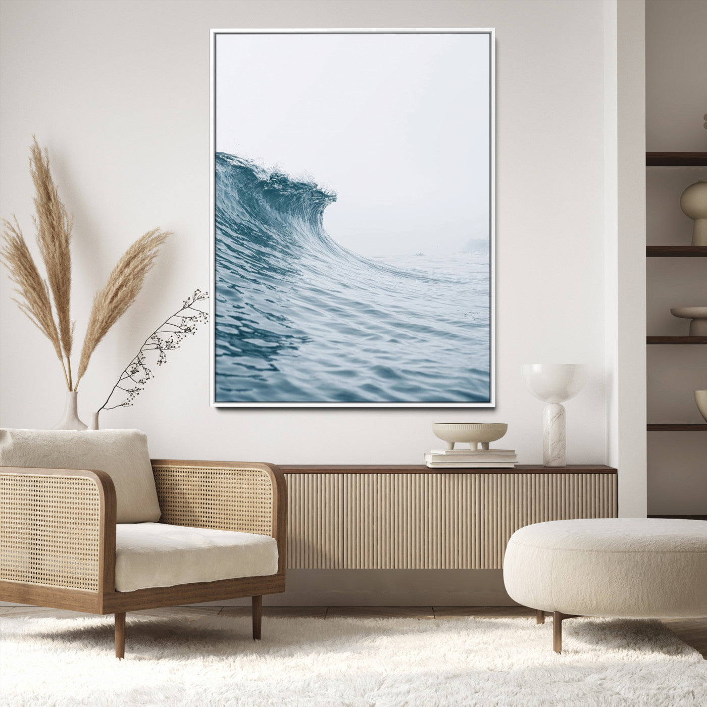 A single ocean wave curling in soft blue tones under a misty sky, ideal for coastal or minimalist home wall decor.