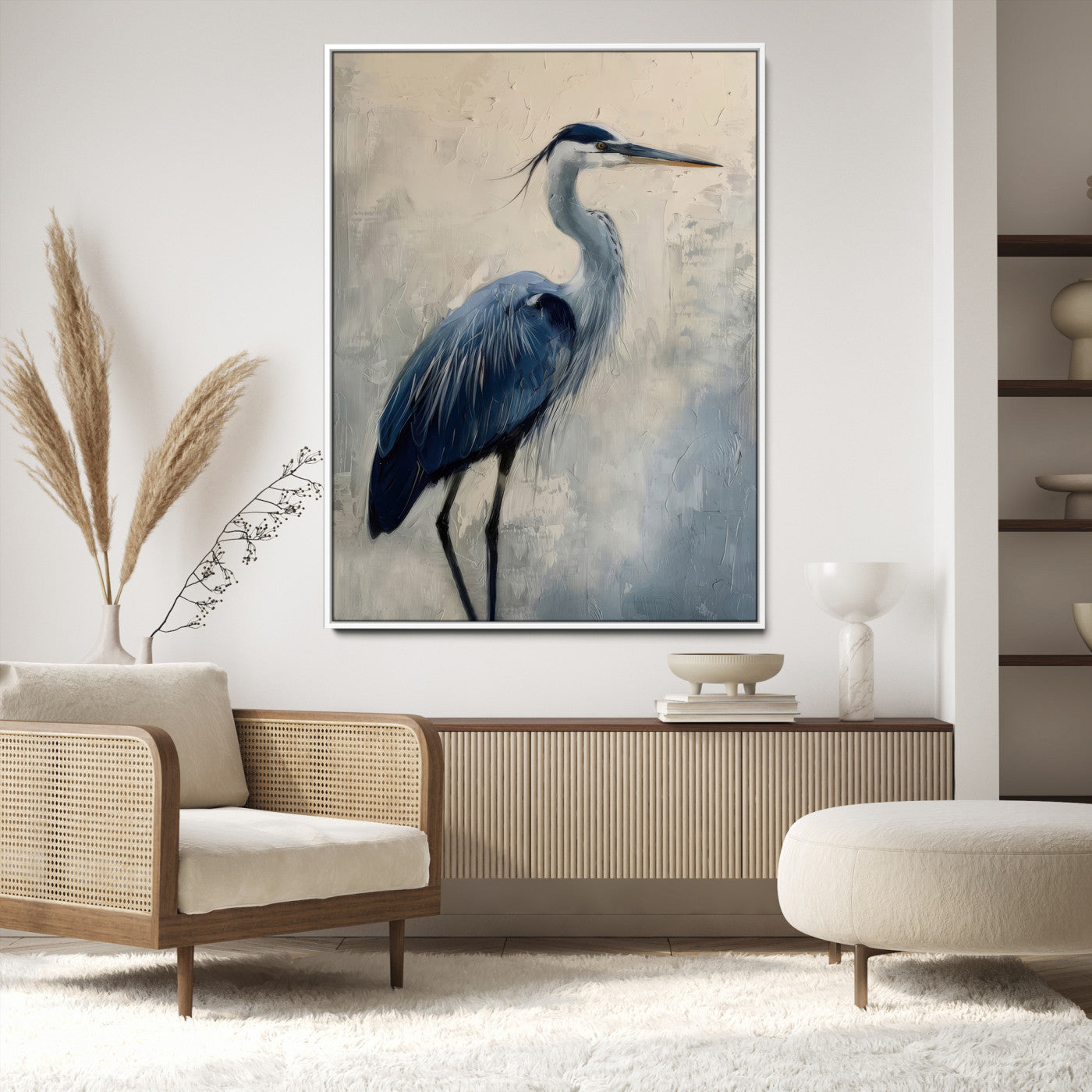 Blue heron standing gracefully on one leg, painted in soft neutrals and cool tones, perfect for modern coastal or nature-inspired decor.