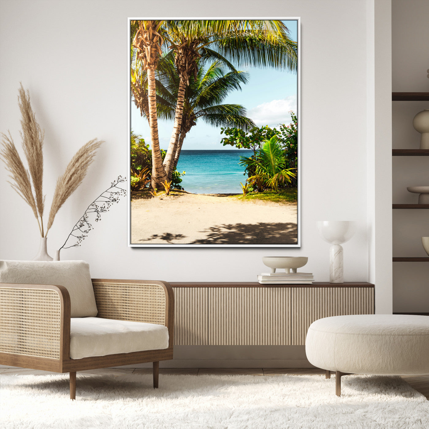 Tropical beach with palm trees, blue ocean, and clear sky, perfect for coastal or beach-themed wall decor in sunny living spaces.