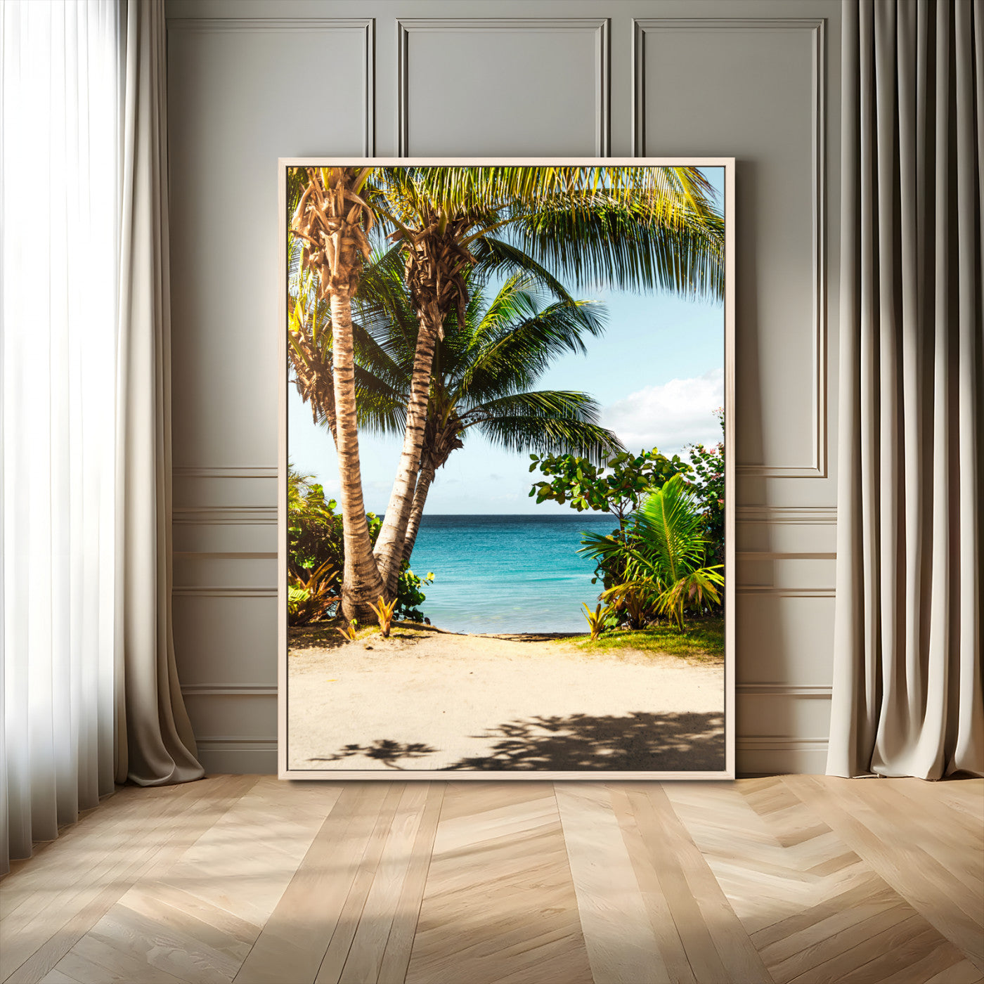 Tropical beach with palm trees, blue ocean, and clear sky, perfect for coastal or beach-themed wall decor in sunny living spaces.
