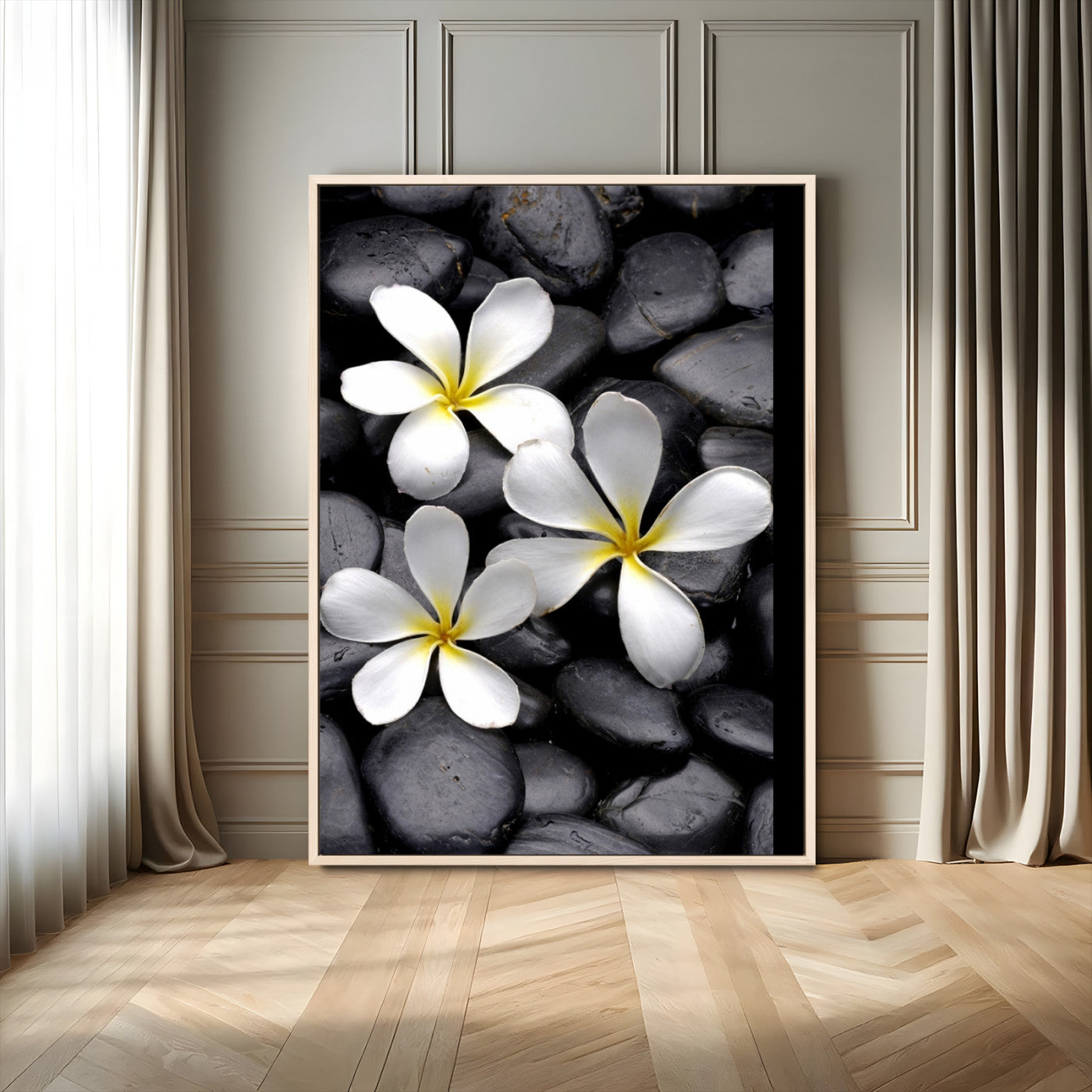 Large Wall Art White Flowers on Black Zen Meditation Stones Vertical Canvas Print