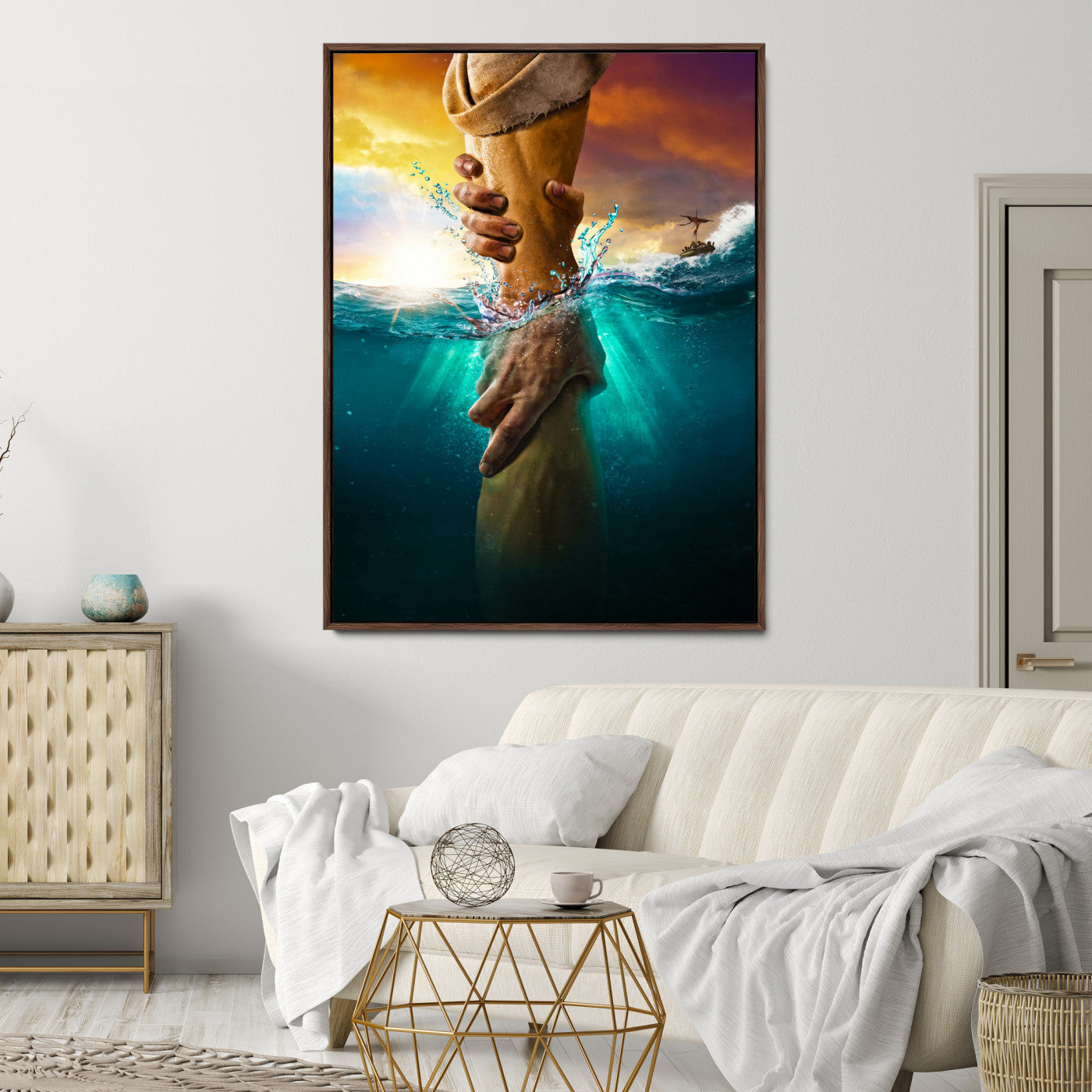 A dramatic scene of a hand reaching underwater and being lifted, symbolizing rescue and faith, ideal for spiritual or Christian wall decor.