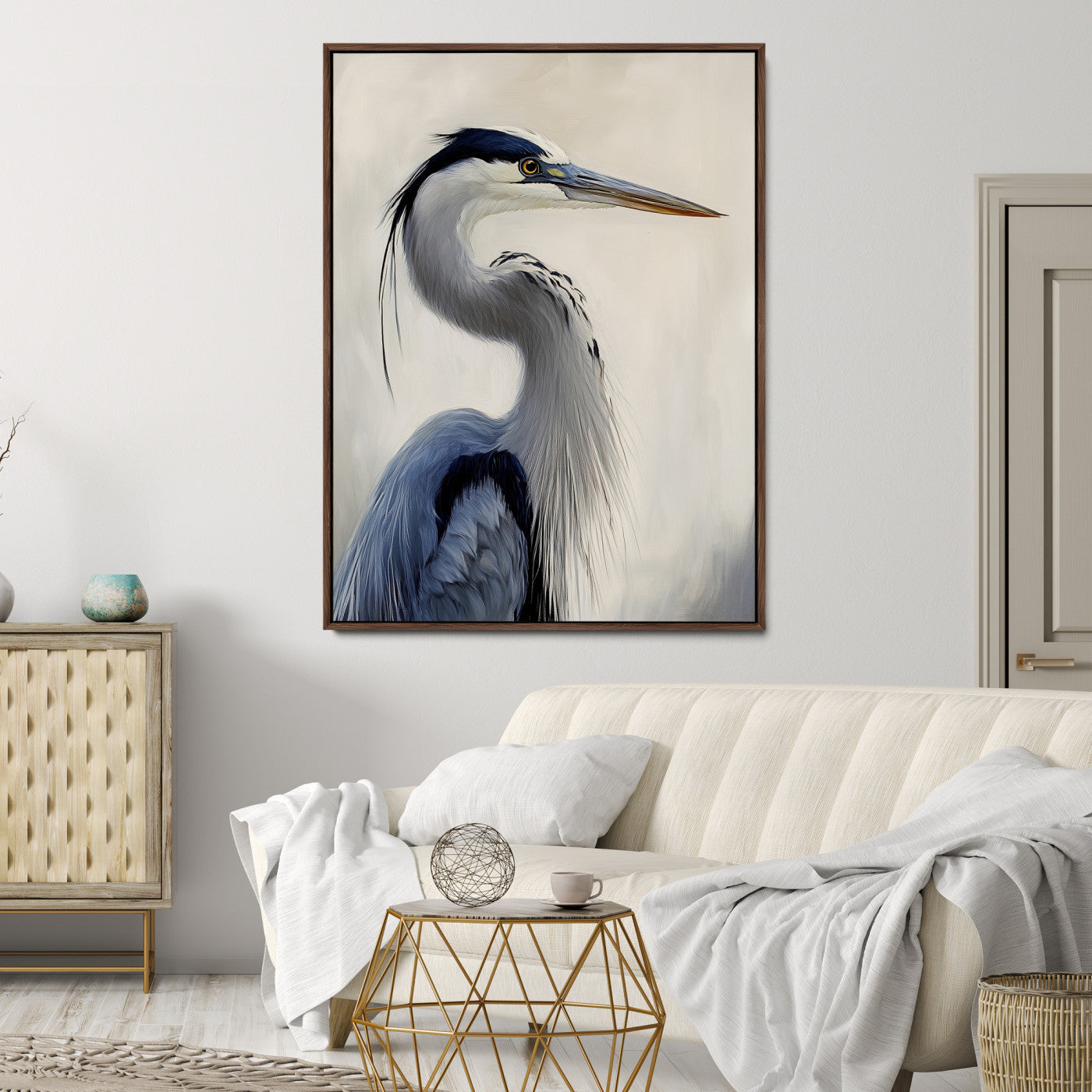 Elegant blue heron in profile with soft brush detail and neutral tones, ideal for nature-themed or coastal minimalist interiors.
