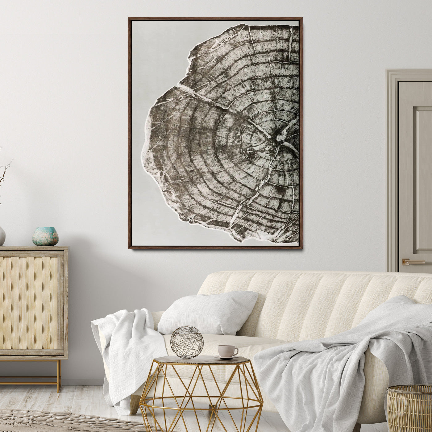 A close-up tree ring cross-section with neutral tones and organic texture, perfect for rustic, modern, or minimalist interior wall decor.