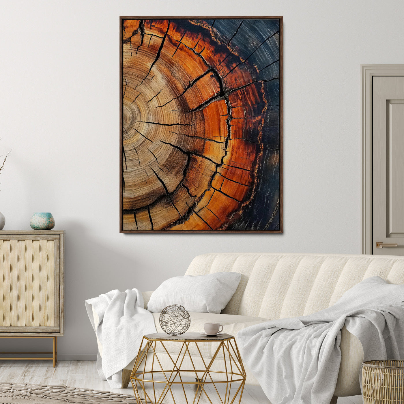 Close-up of tree rings with deep cracks and rich brown tones, highlighting natural texture and organic patterns, perfect for rustic wall art.