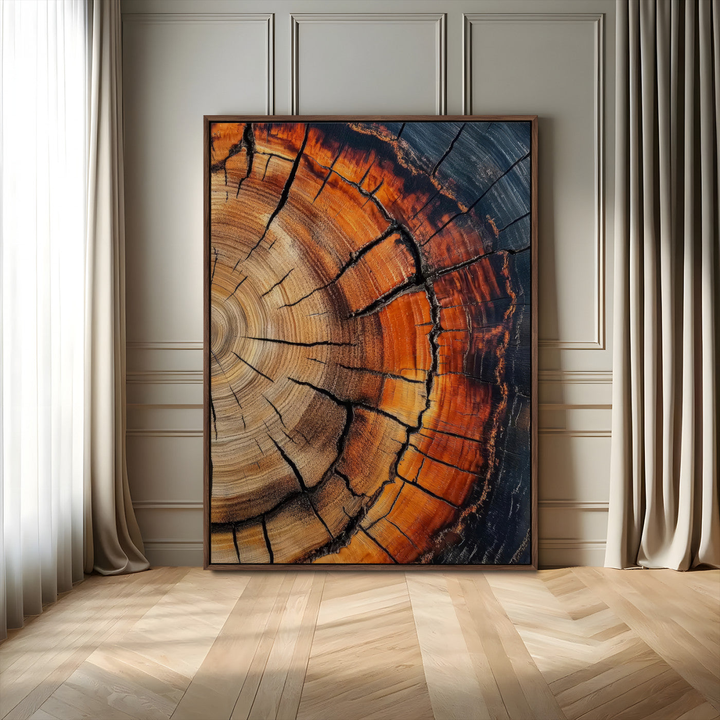 Framed canvas of burnt tree rings with rich wood texture and warm tones, ideal for rustic or earth-inspired interior decor.