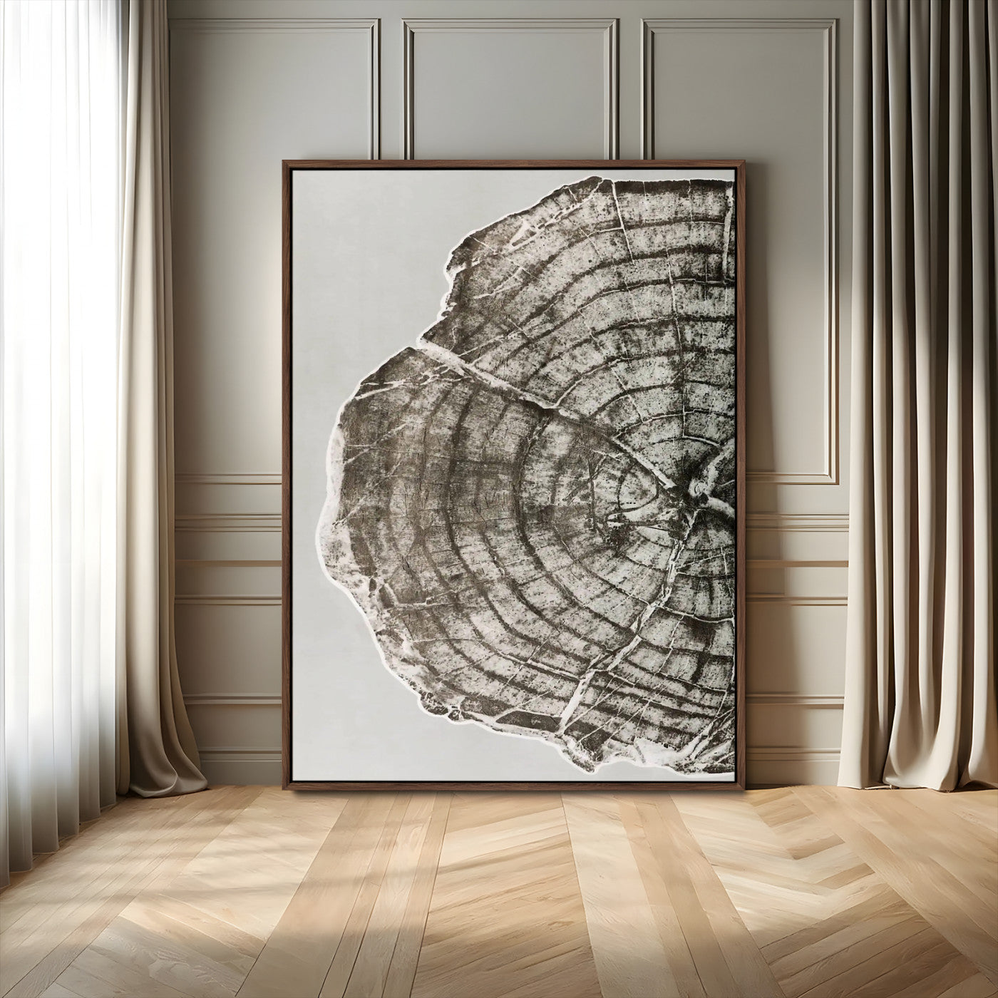 A close-up tree ring cross-section with neutral tones and organic texture, perfect for rustic, modern, or minimalist interior wall decor.