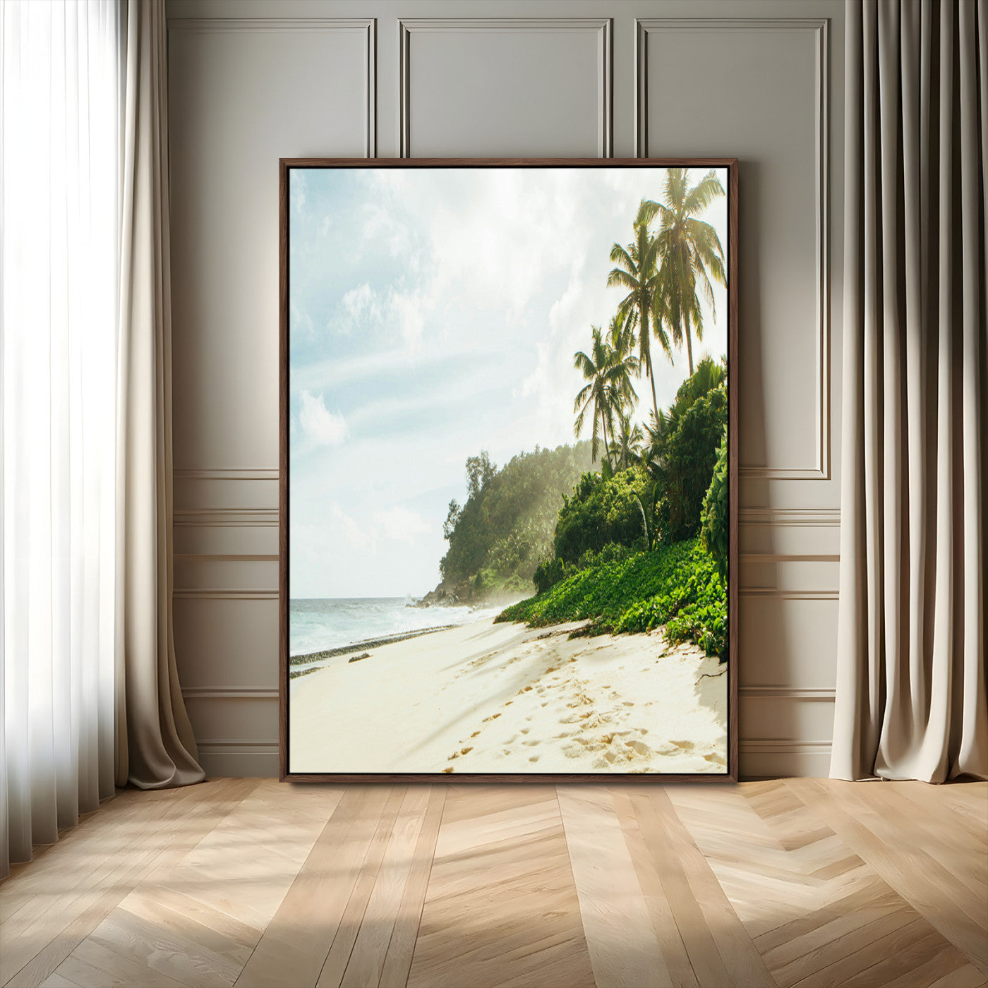 A tropical beach with palm trees, soft sand, and ocean waves under a bright sky, creating a peaceful and relaxing coastal view.