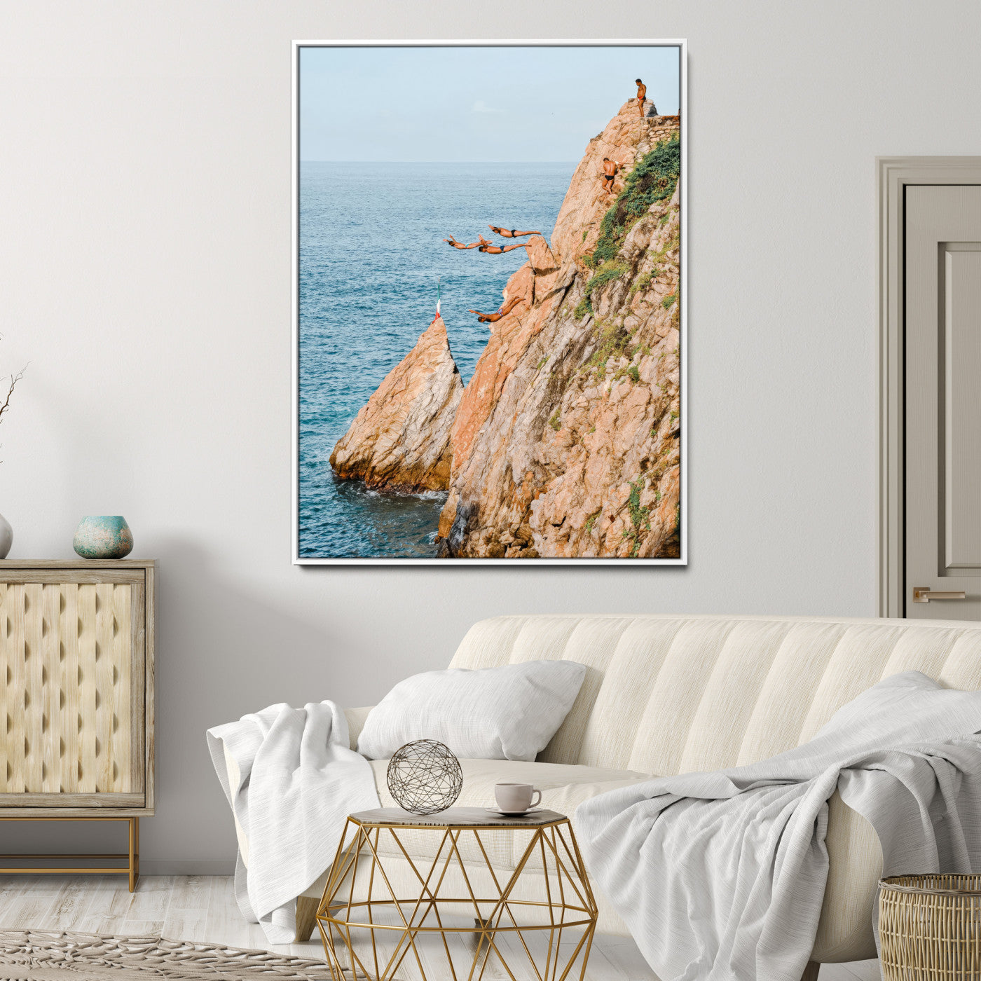 Canvas wall art capturing a bold cliff diving sequence into turquoise waters, perfect for vibrant and adventurous coastal or sporty interiors.